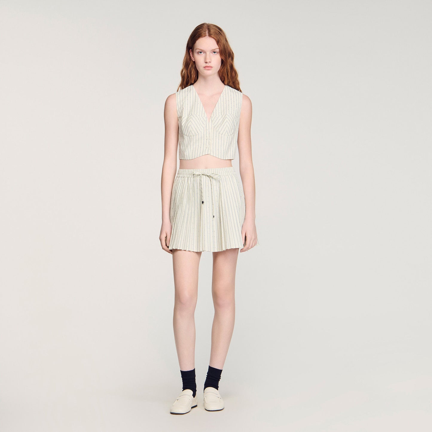 Capucine Short Rhinestone Striped Skirt Ecru