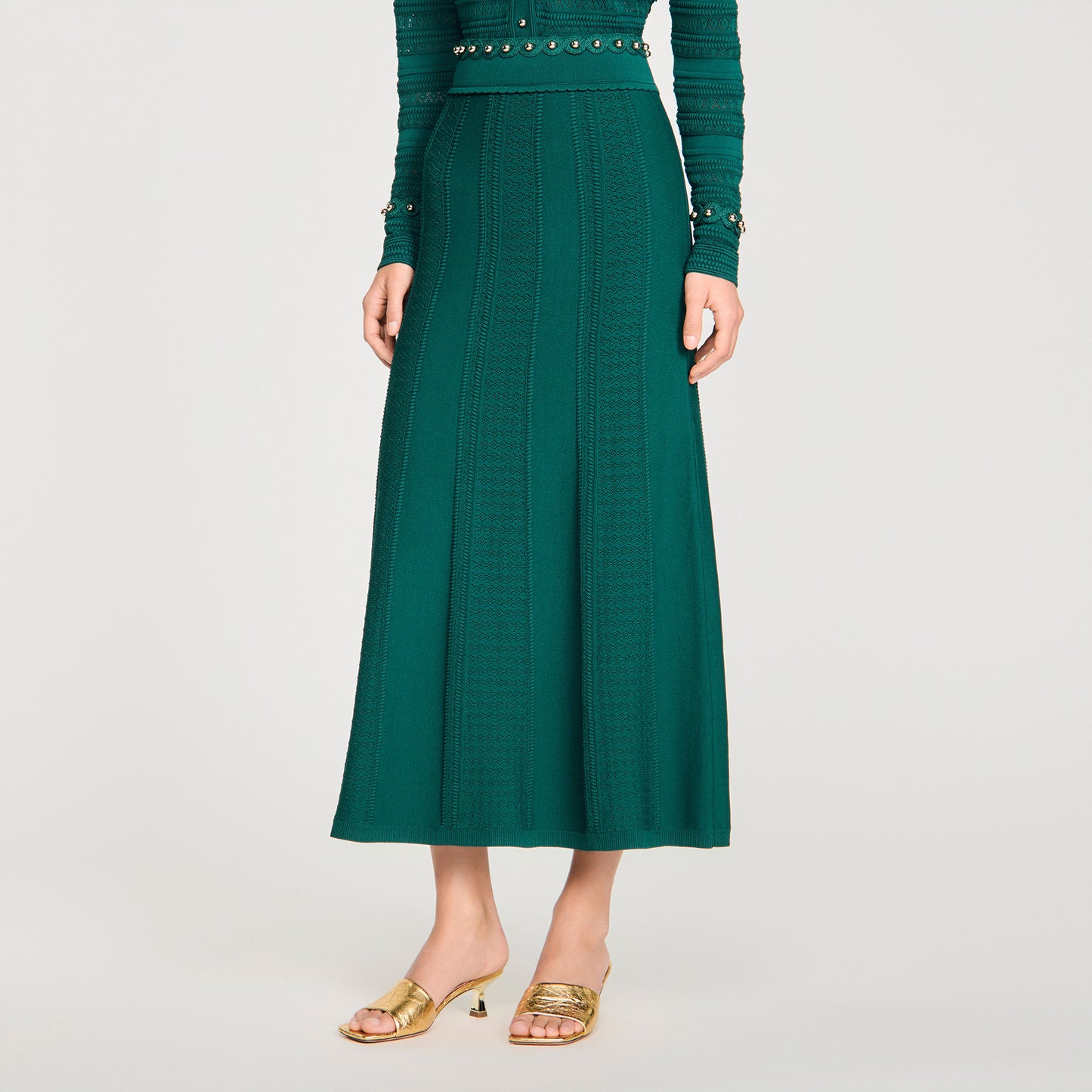 Vanea Beaded Textured Knit Skirt Dark Green