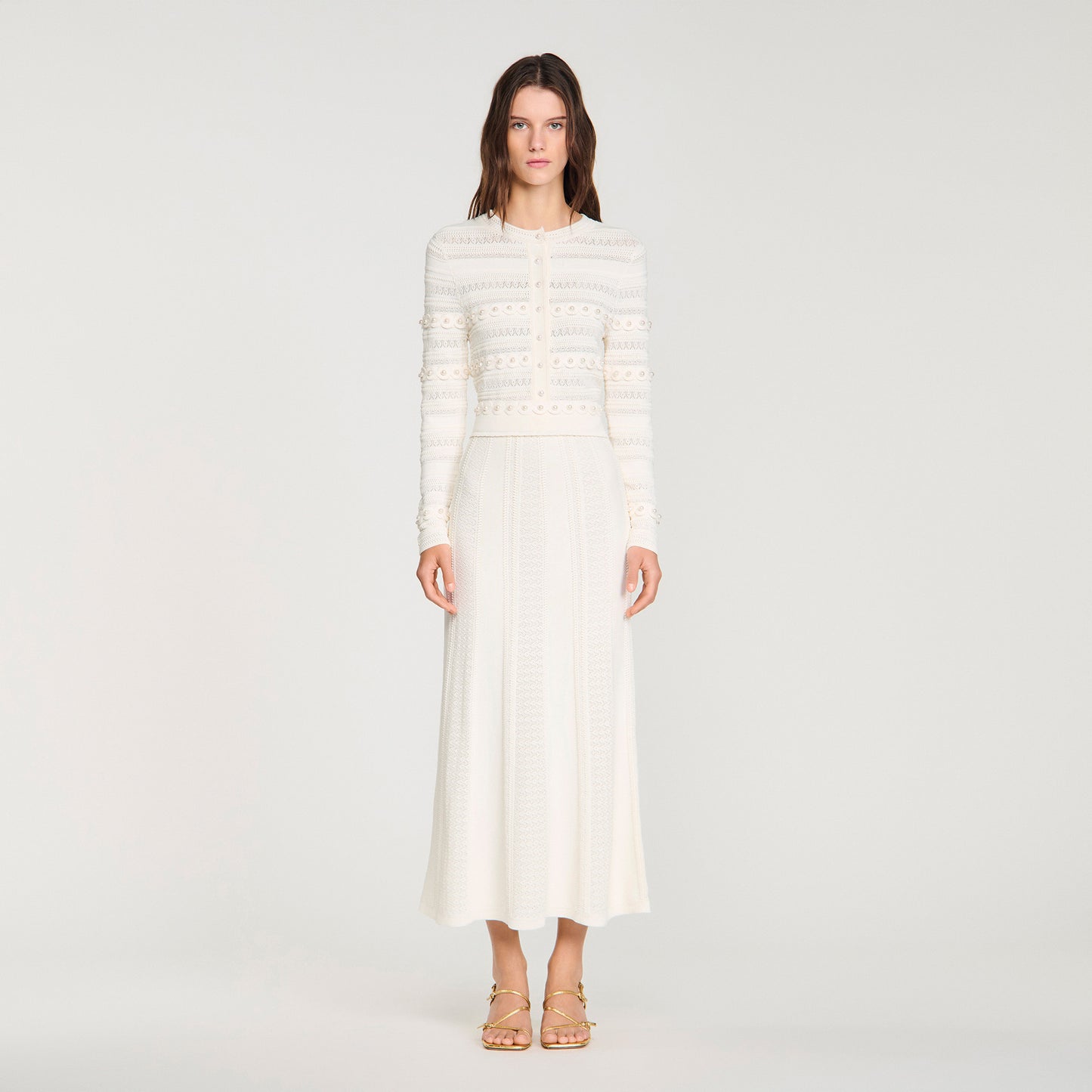 Vanea Beaded Textured Knit Skirt Cream