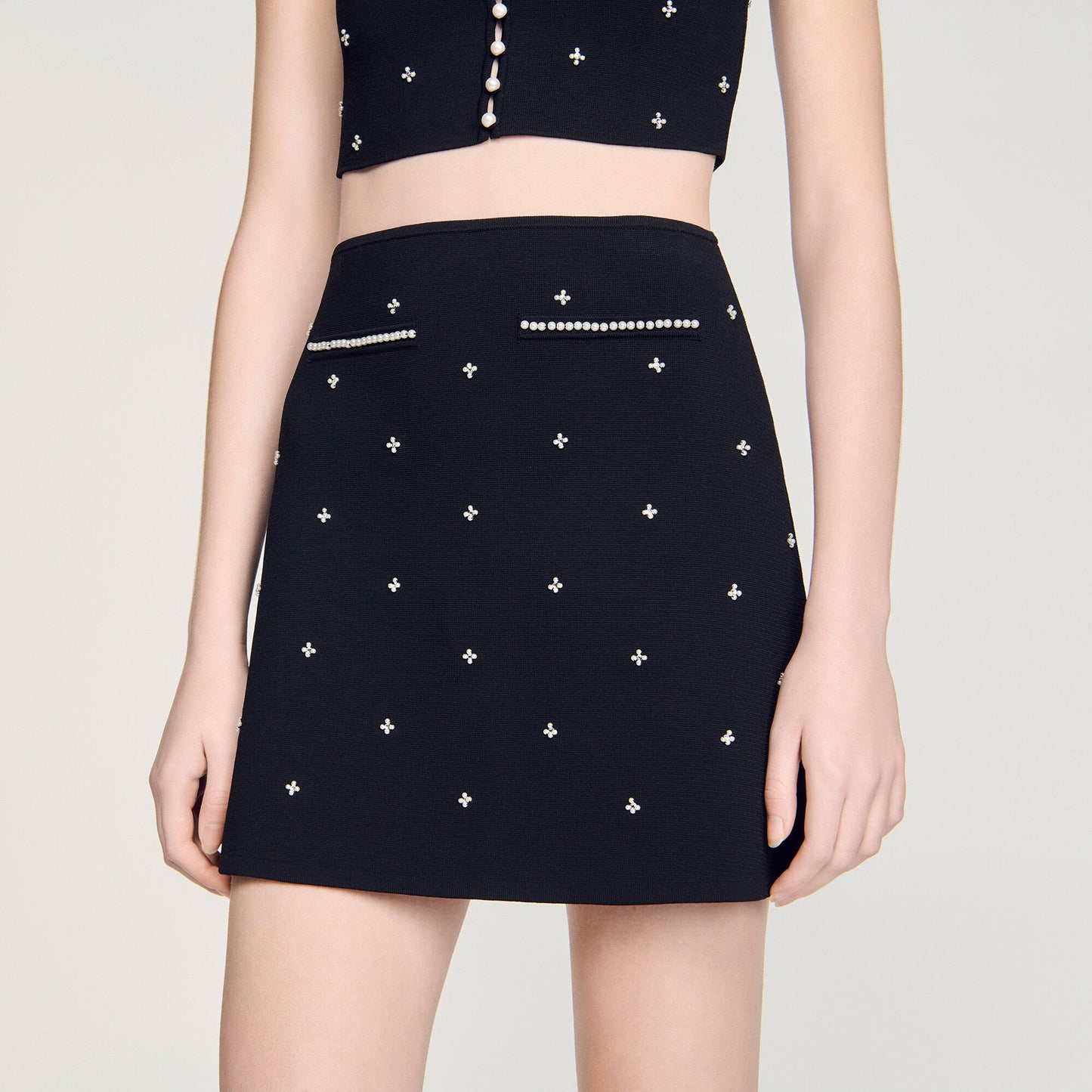 Lydie Rhinestone Embroidered Knit Skirt Black