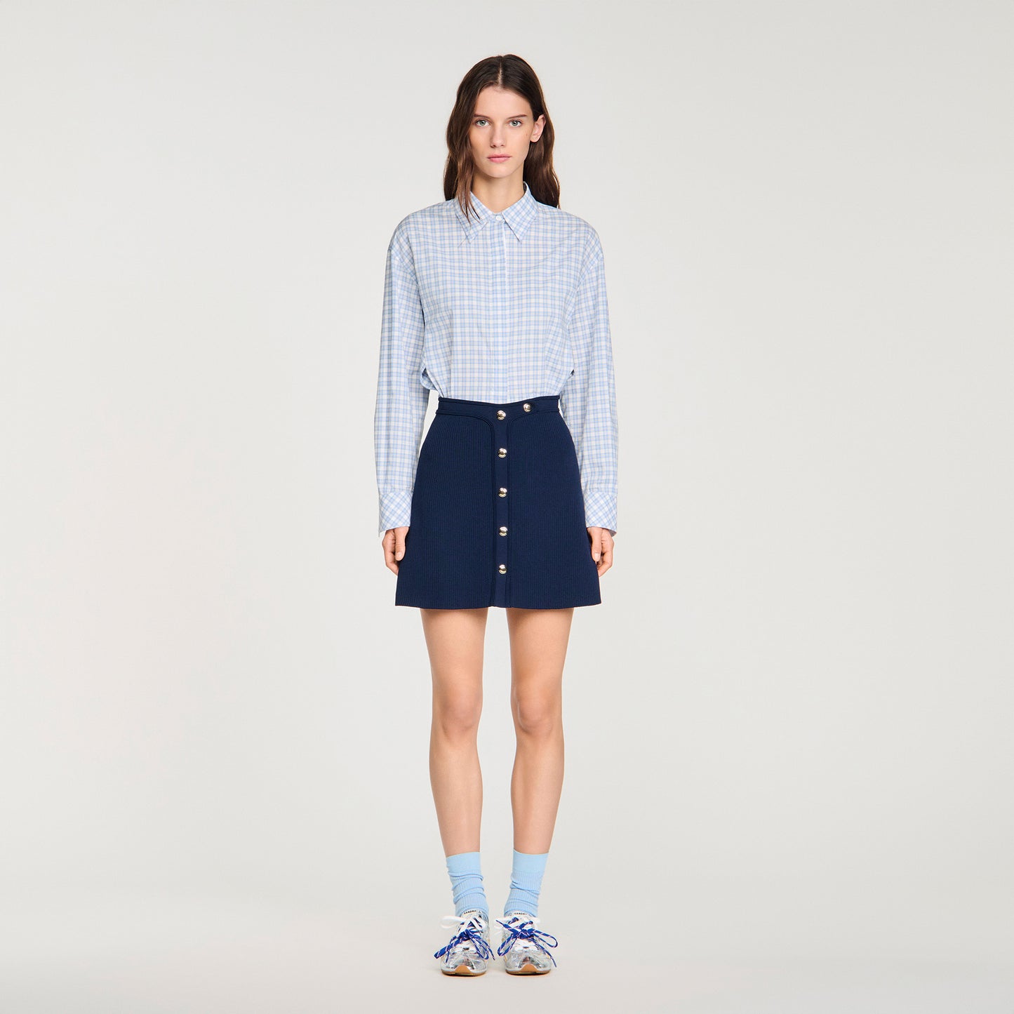 Candice Short Ribbed Skirt With Press Studs Navy Blue