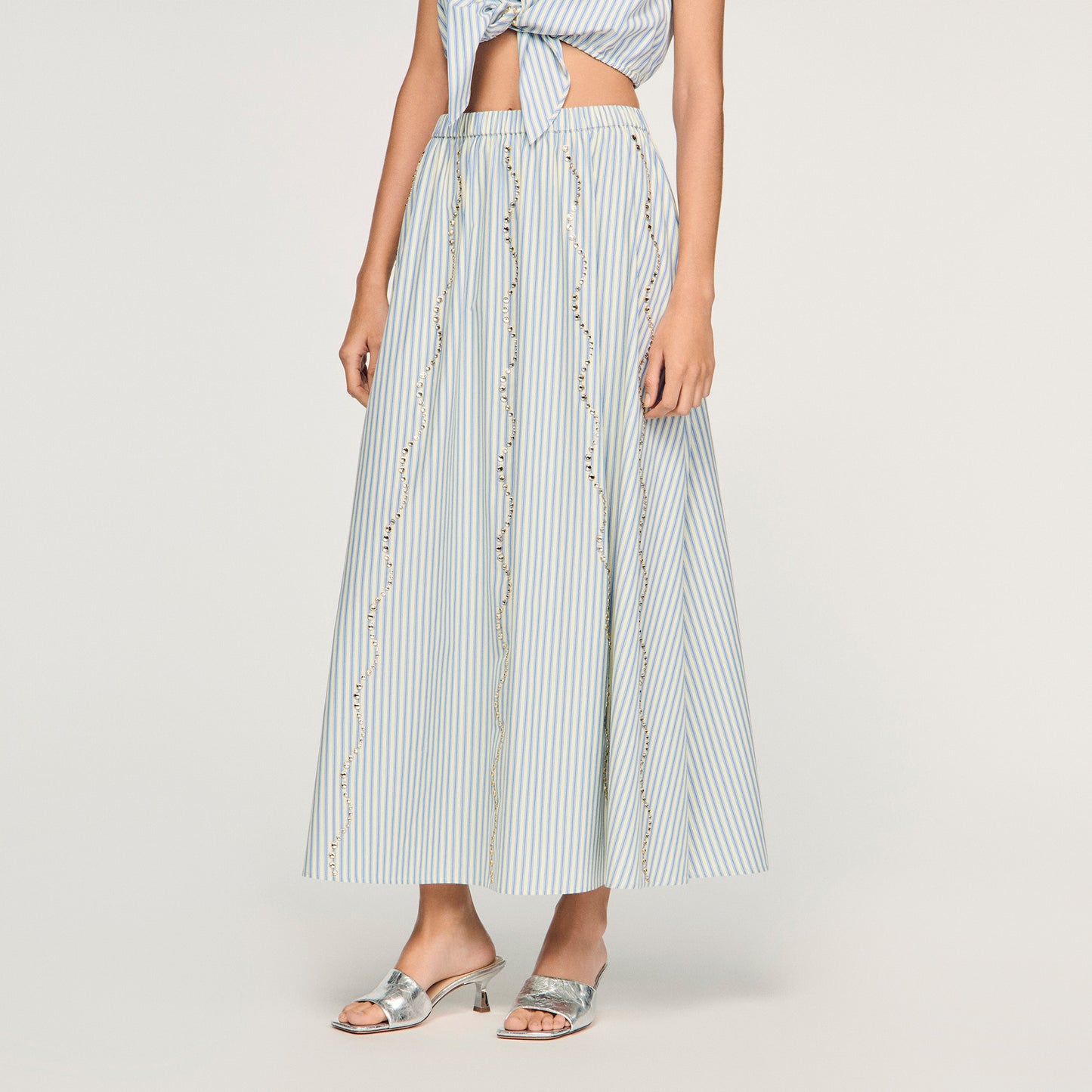 Lucia Rhinestone Striped Long Skirt Blue
