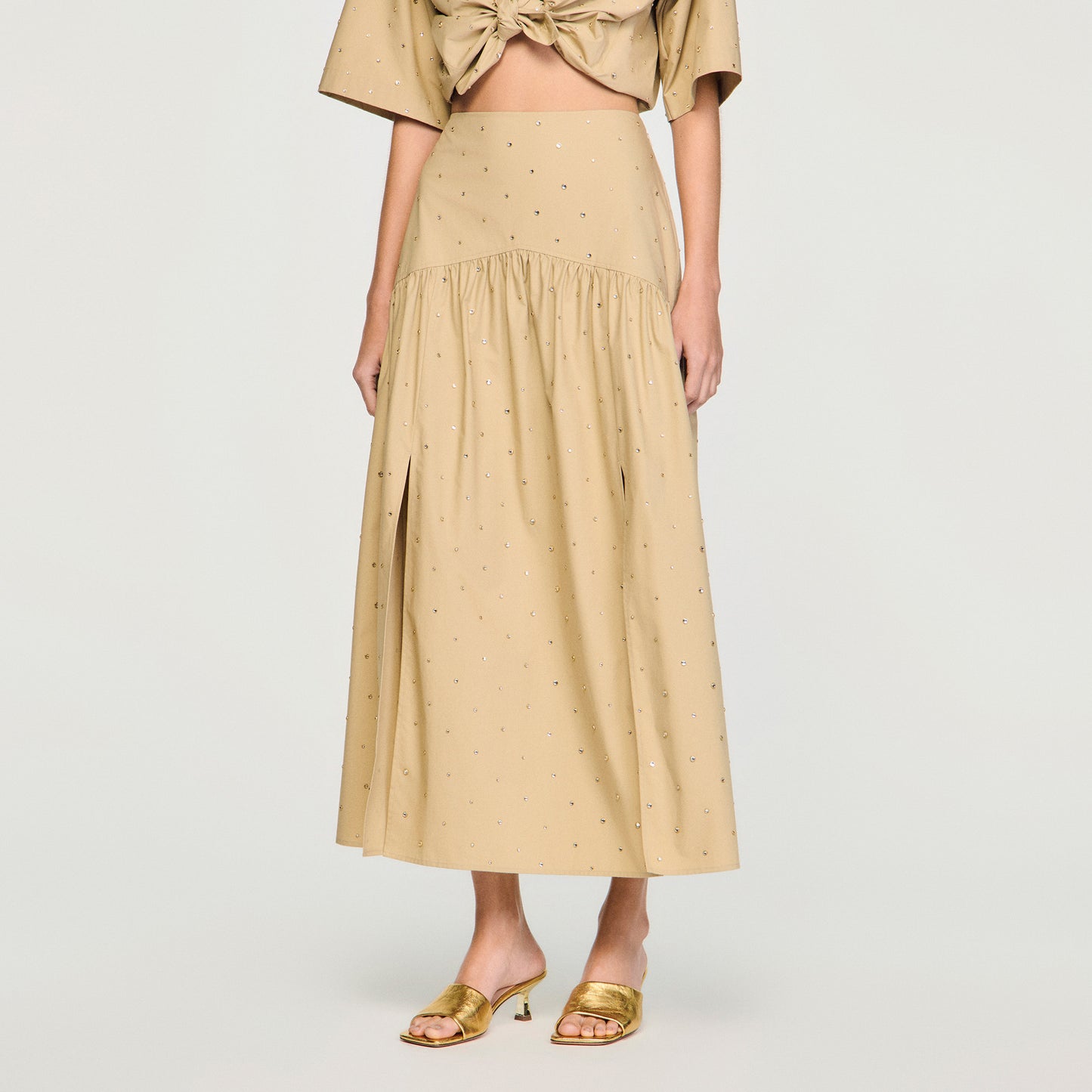 Brasilia Long Rhinestone Cotton Skirt Beige