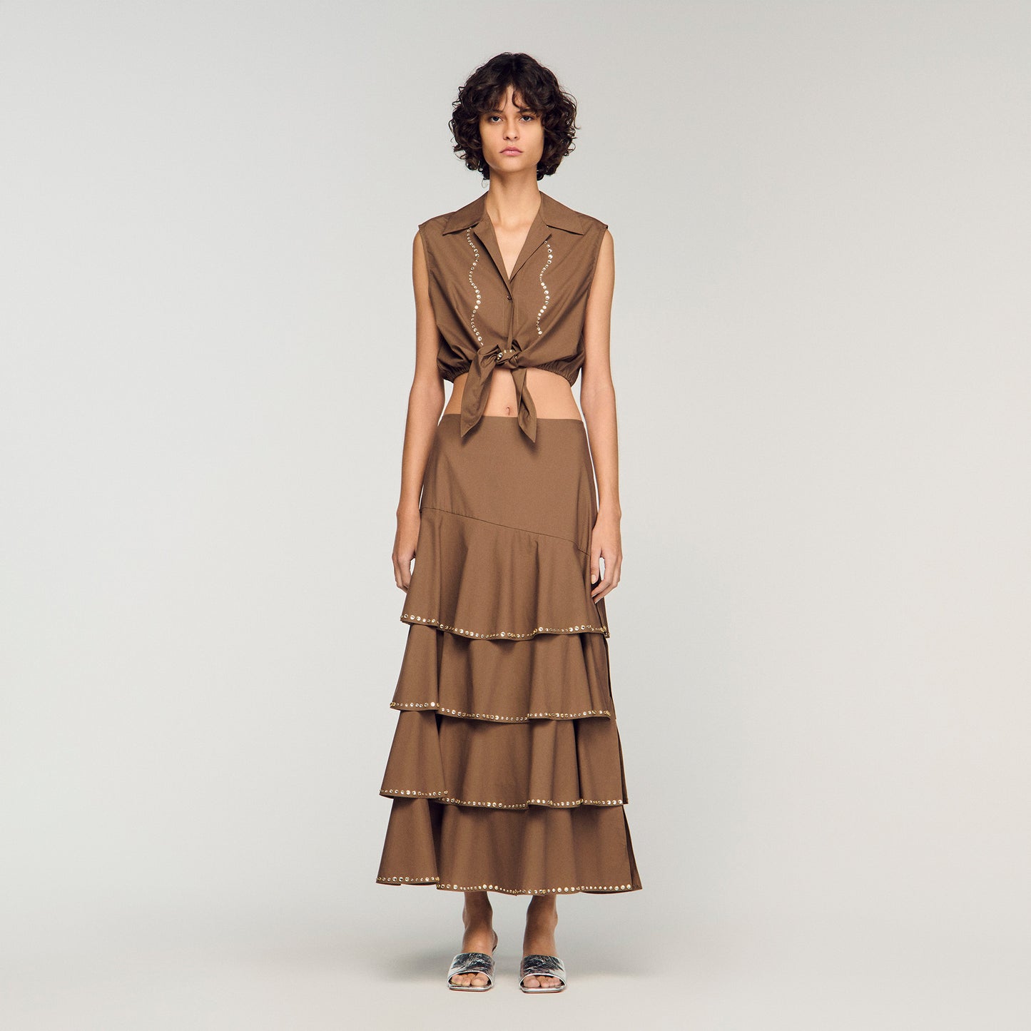 Long Ruffled Rhinestone Skirt Brown
