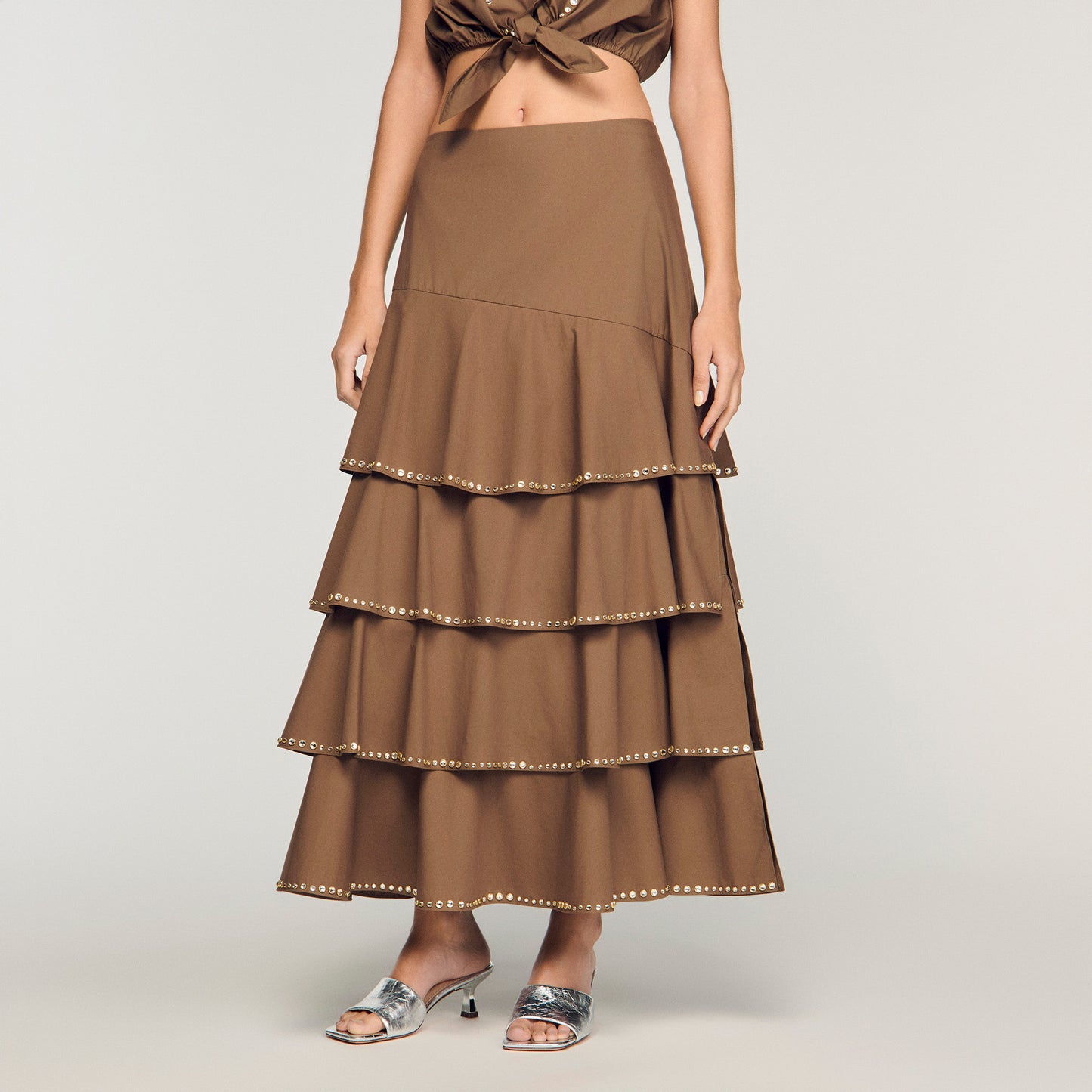 Long Ruffled Rhinestone Skirt Brown
