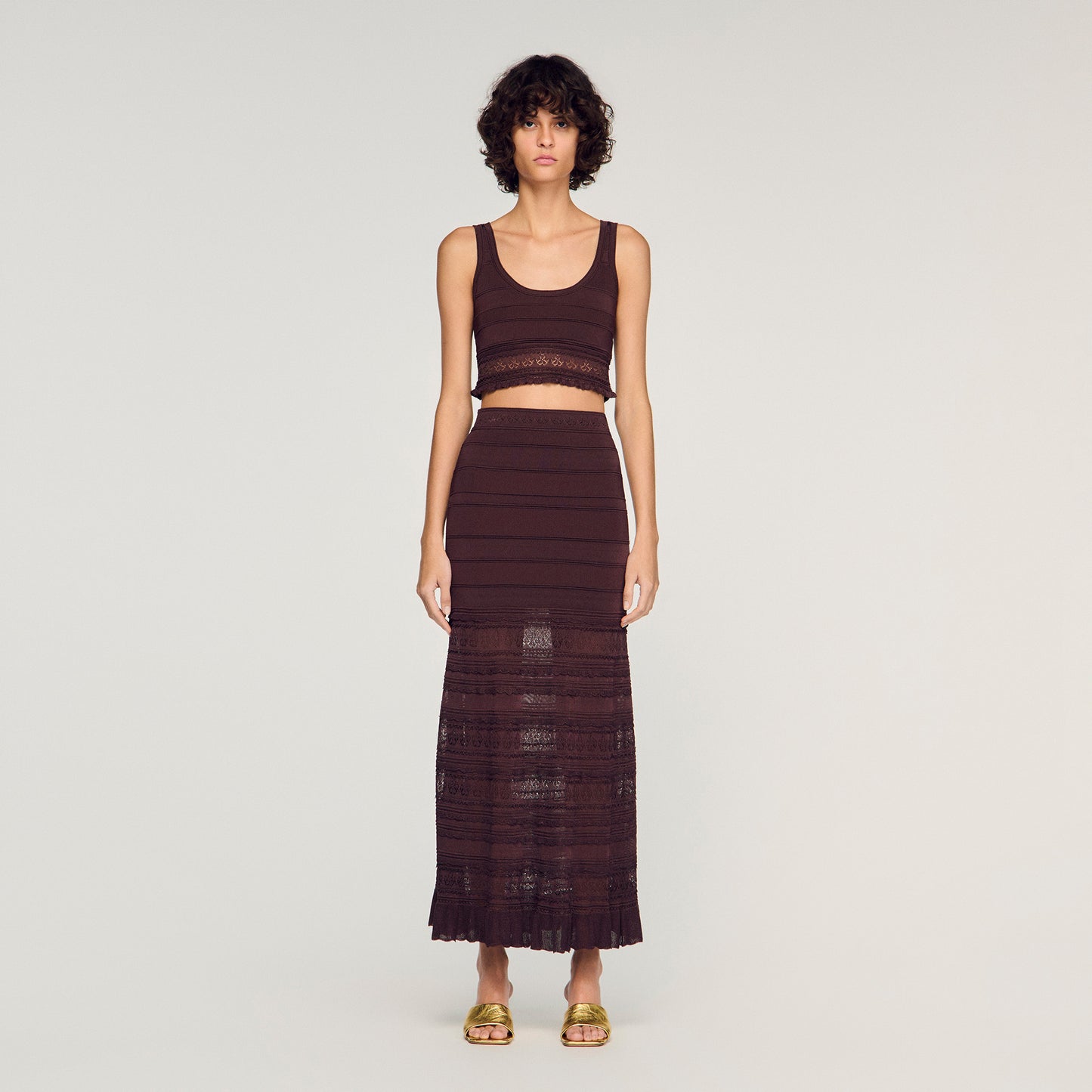 Andriane Pointelle Knit Maxi Skirt Brown