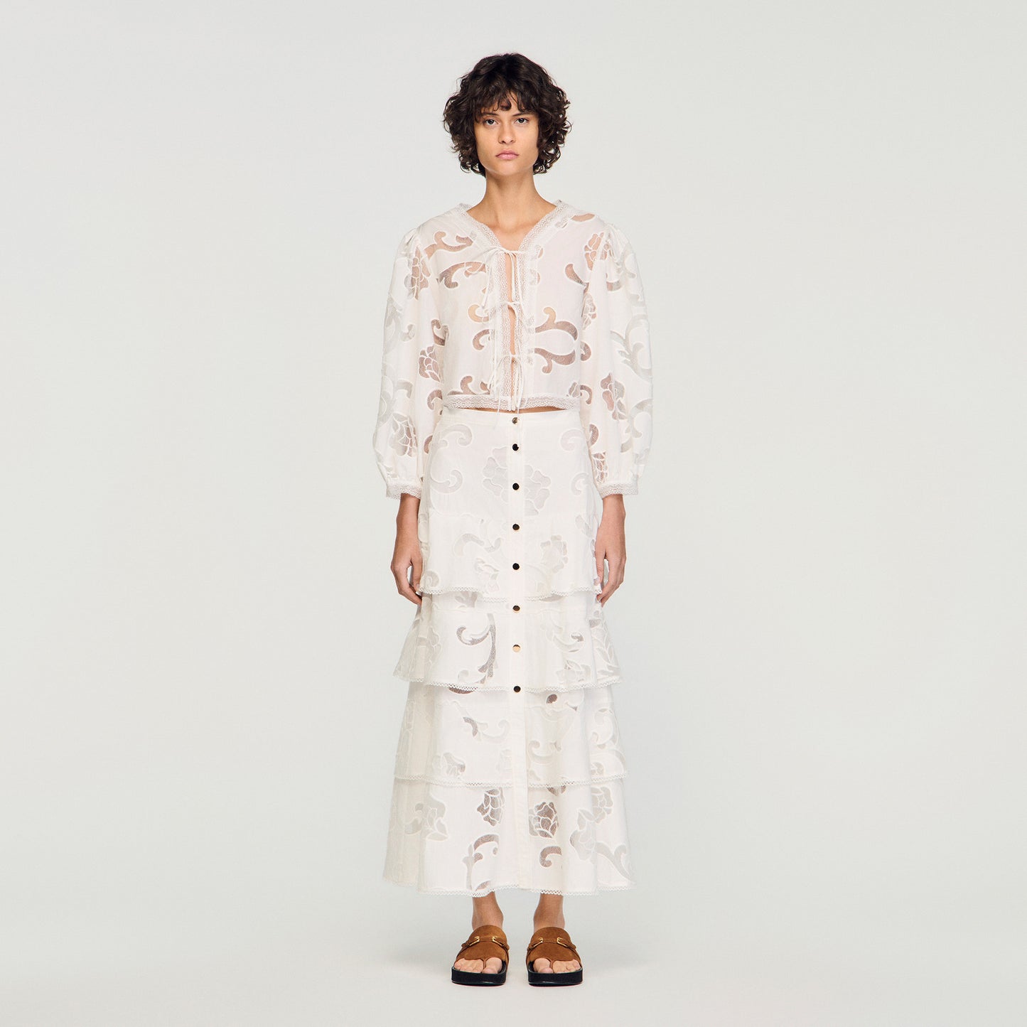 Lucienne Long Openwork Cotton Skirt Ecru