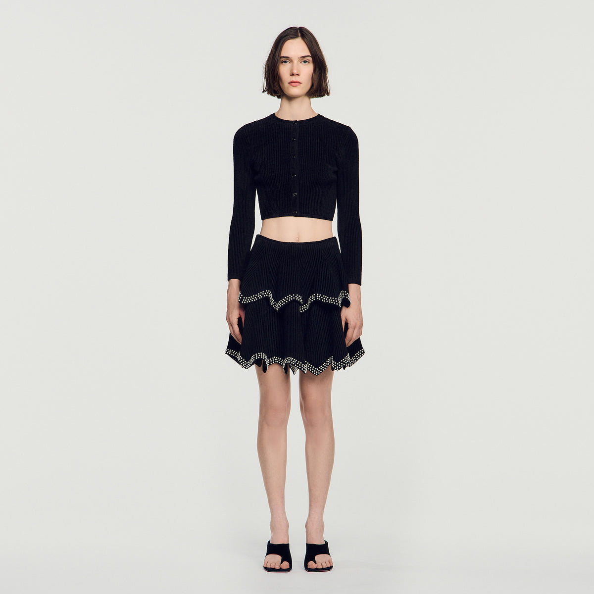 Perle Velvet Skater Skirt With Pearls Black