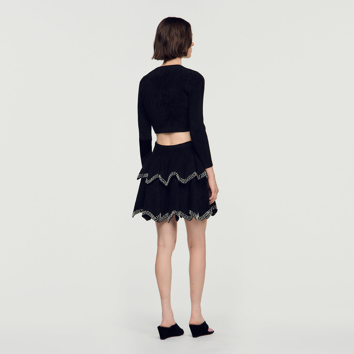 Perle Velvet Skater Skirt With Pearls Black