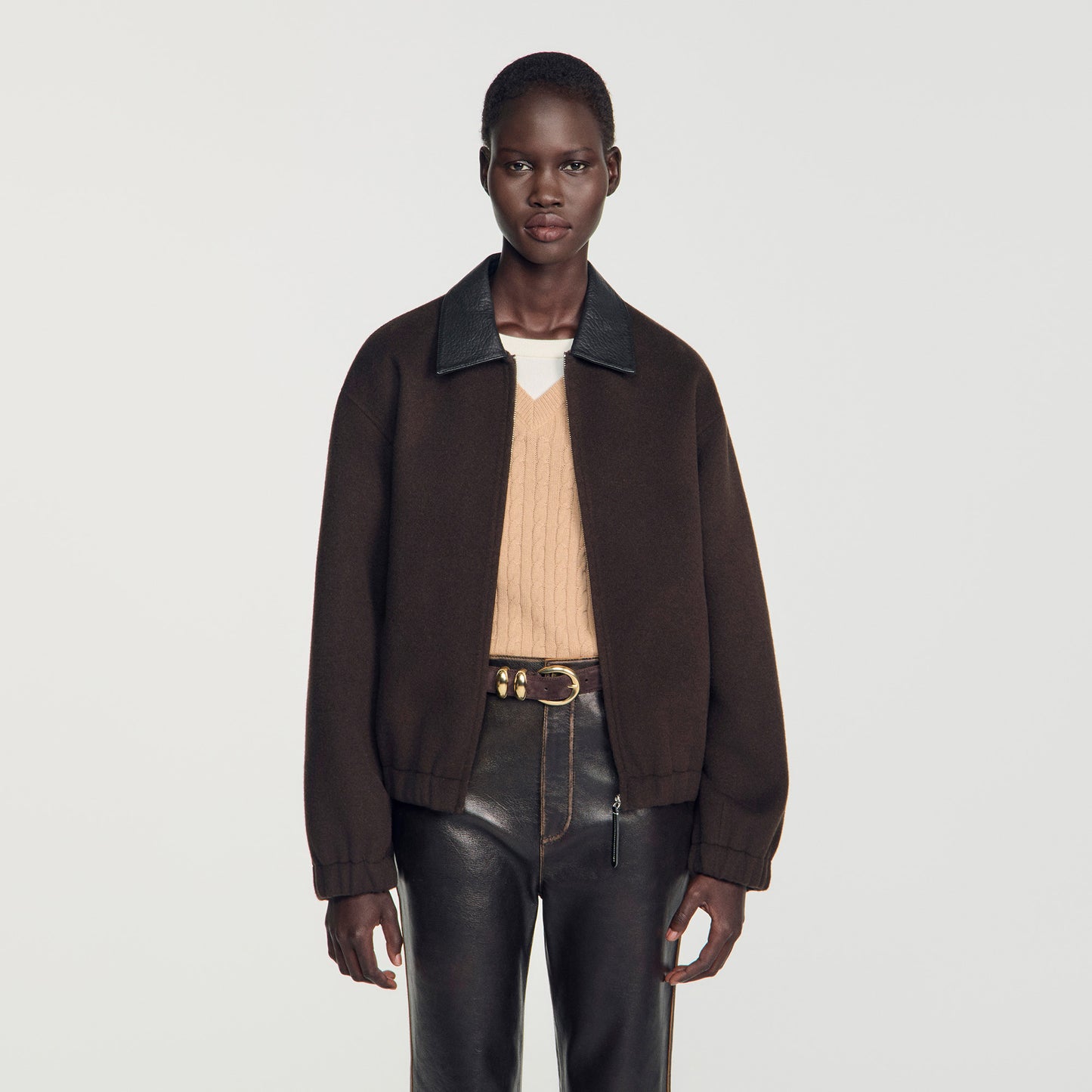 Nilo Double-faced leather collar jacket Black Brown