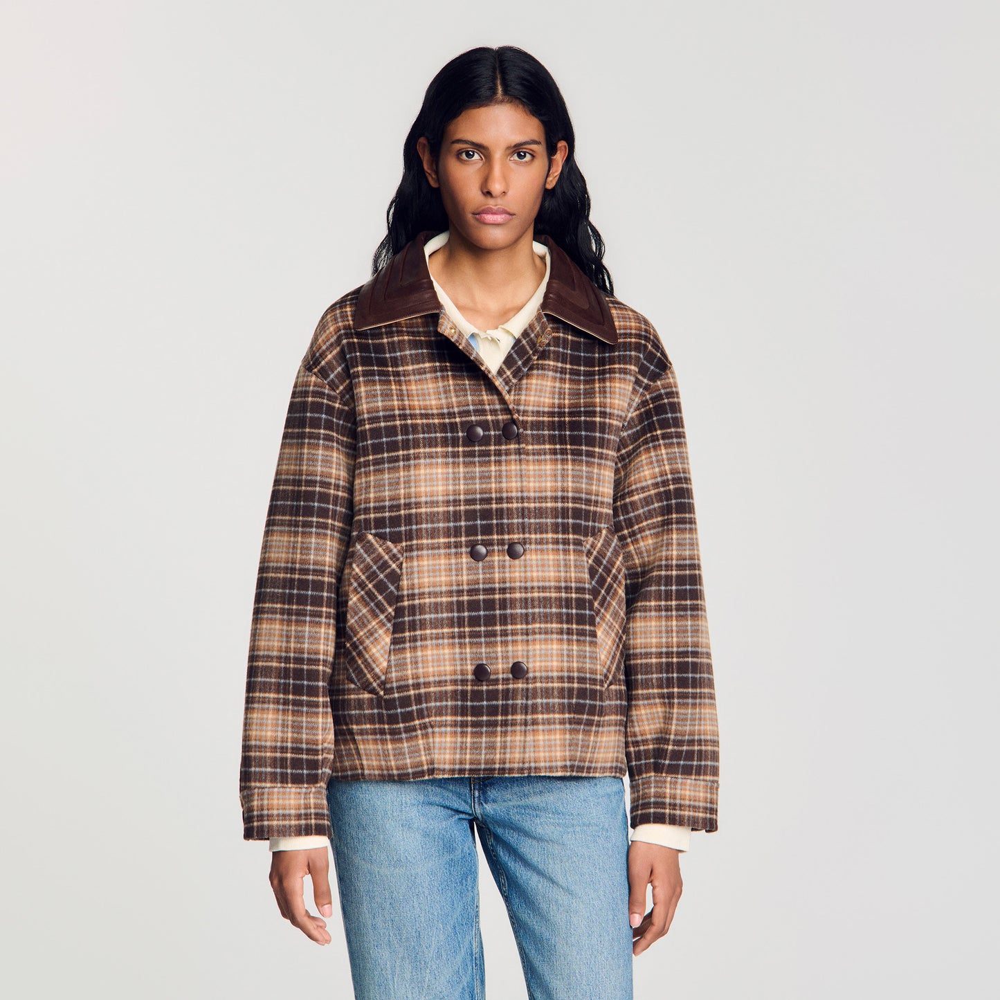 Mystic Check coat with leather collar Brown