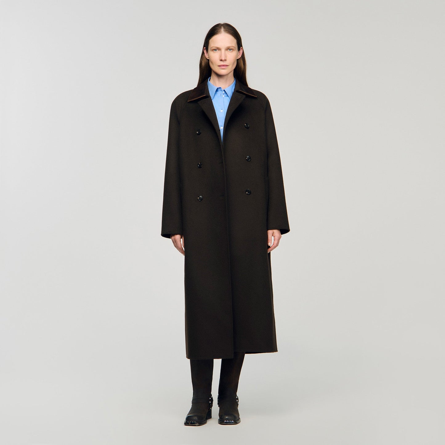 Emilien Long Wool And Leather Coat Brown