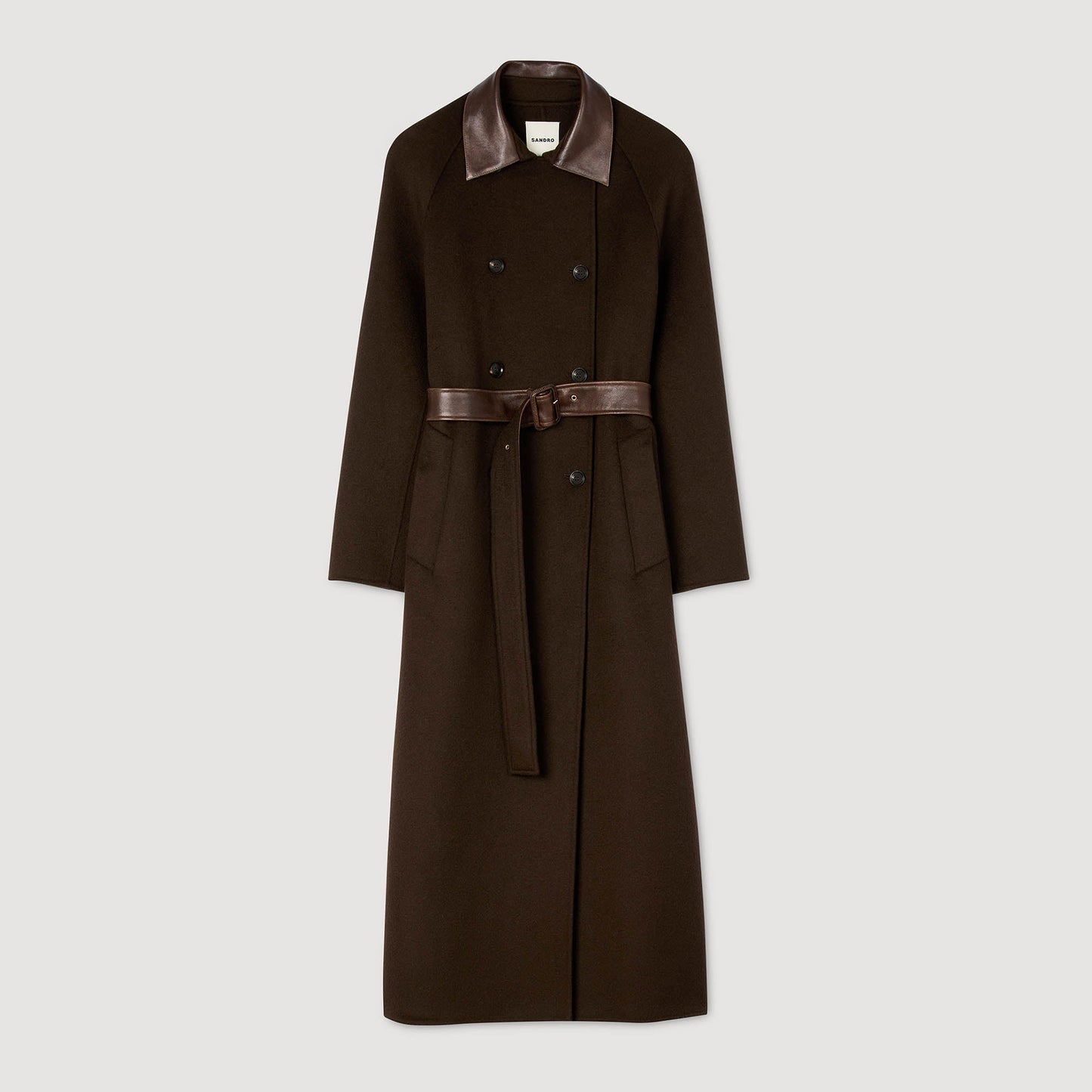 Emilien Long Wool And Leather Coat Brown