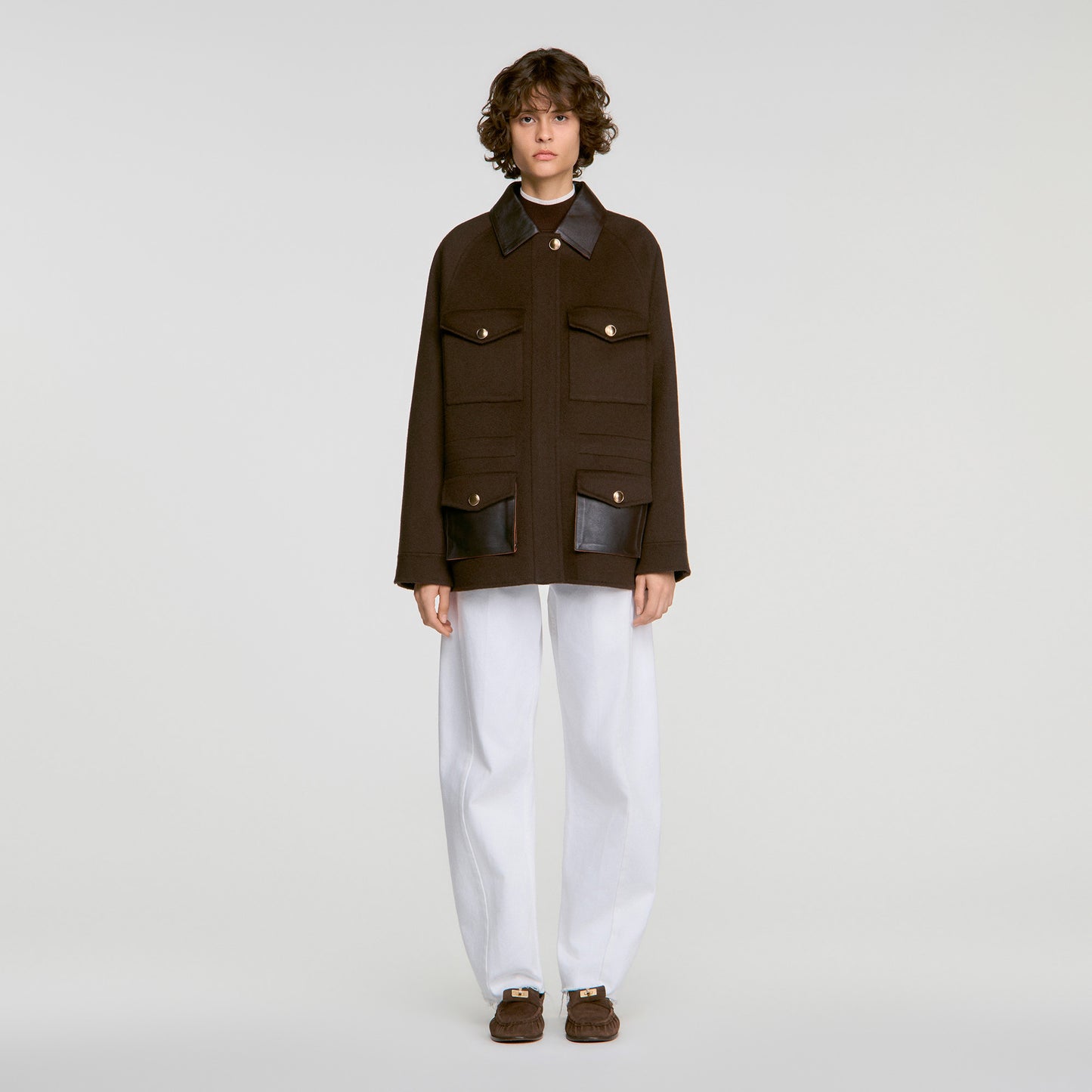 Gery Double-faced coat, leather collar Brown