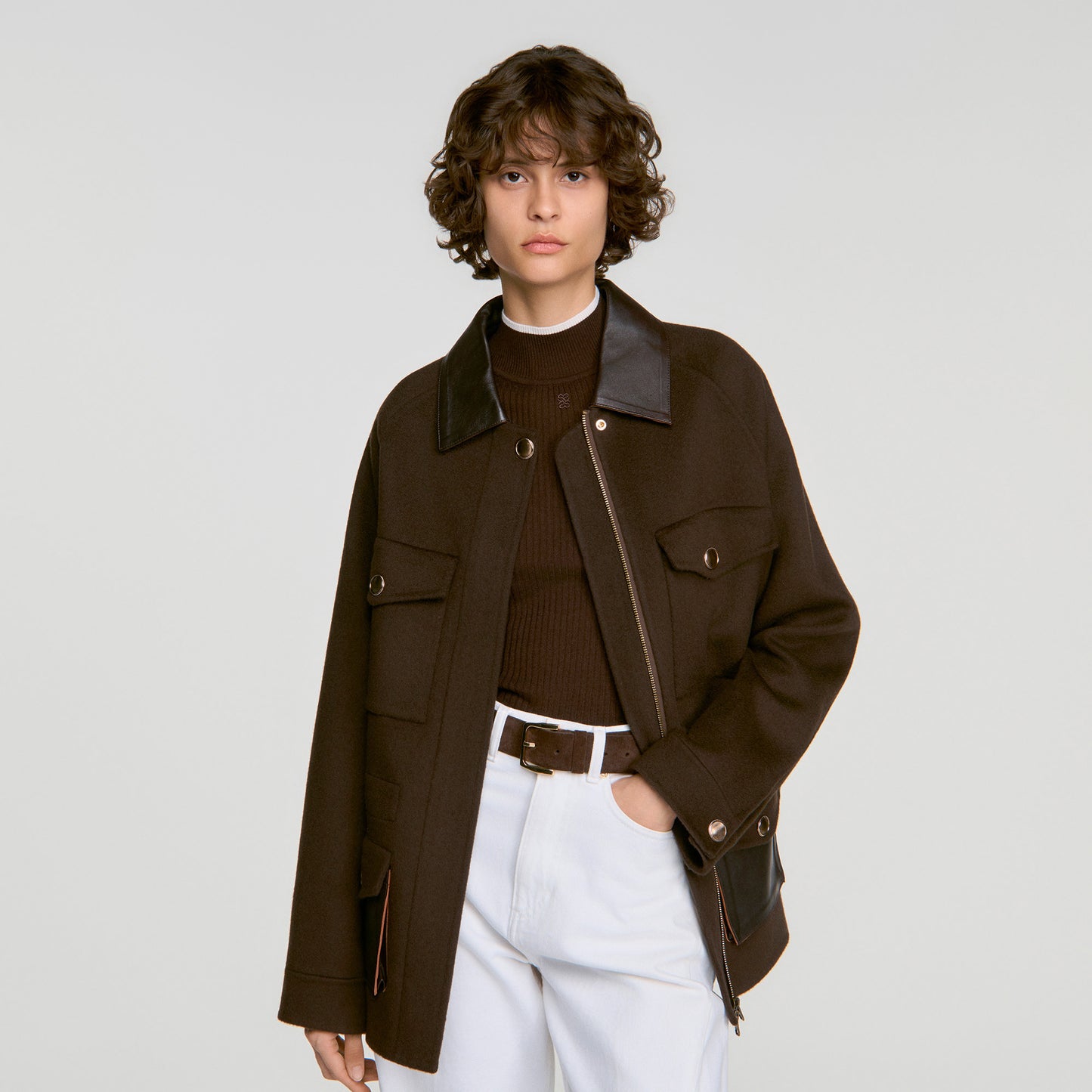 Gery Double-faced coat, leather collar Brown