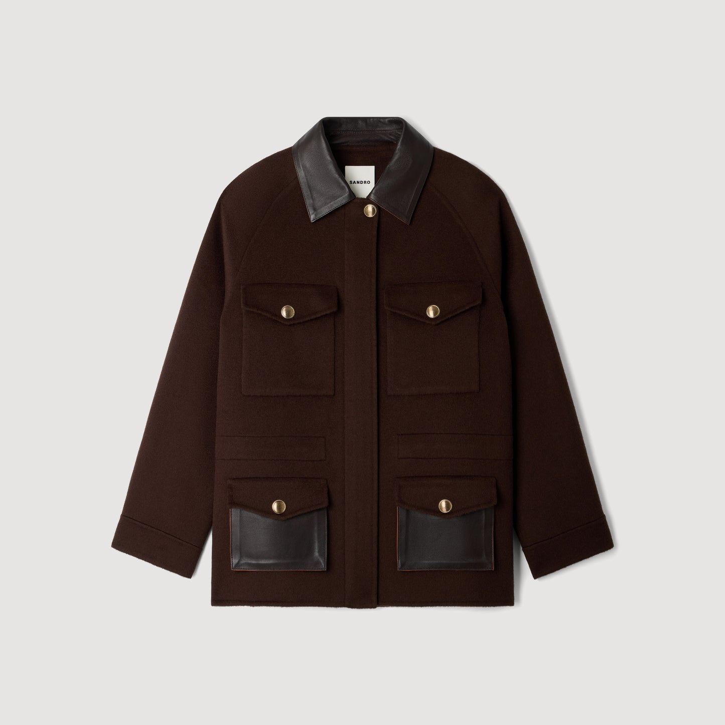 Gery Double-faced coat, leather collar Brown