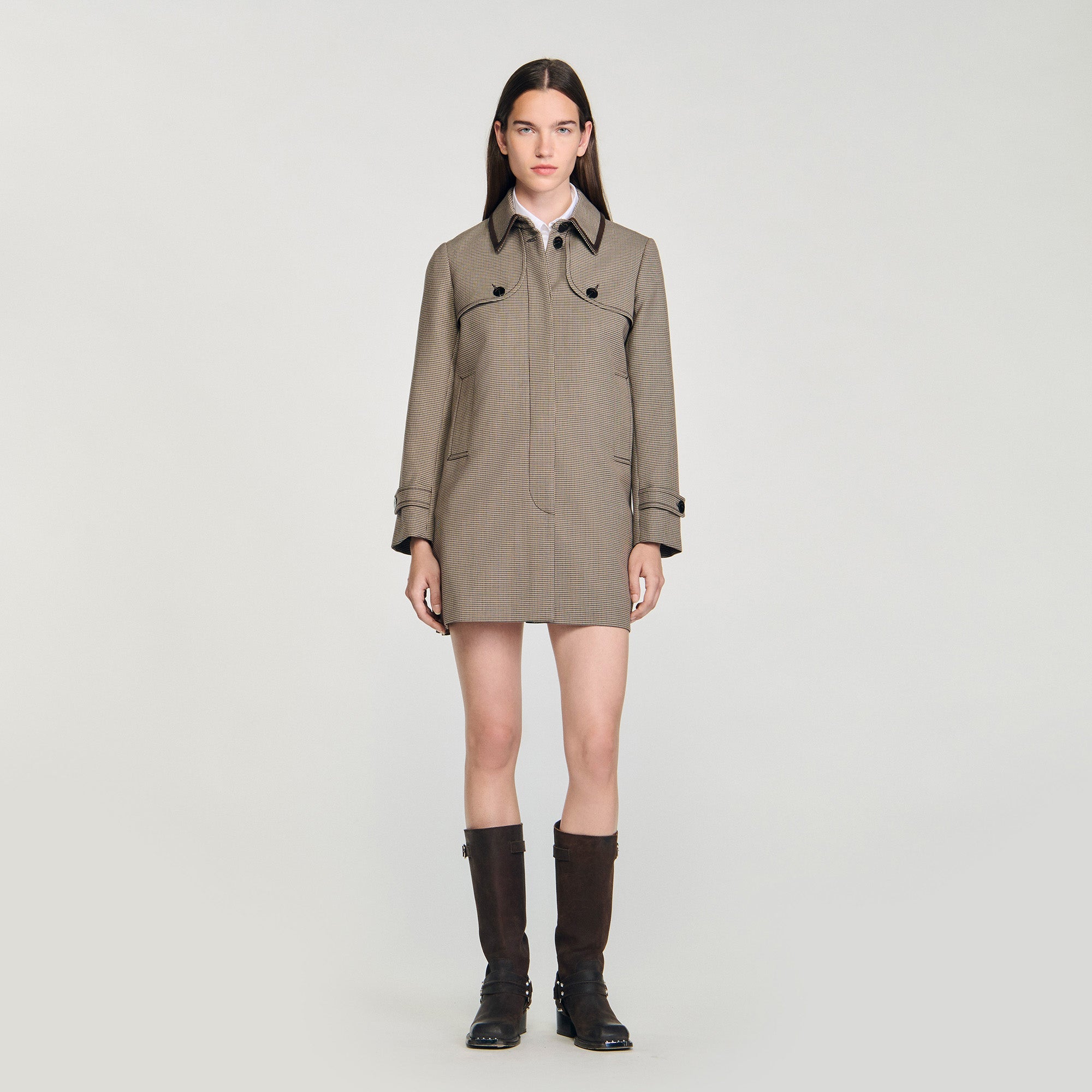 Windsor Houndstooth Trench, Leather Collar Brown / Beige