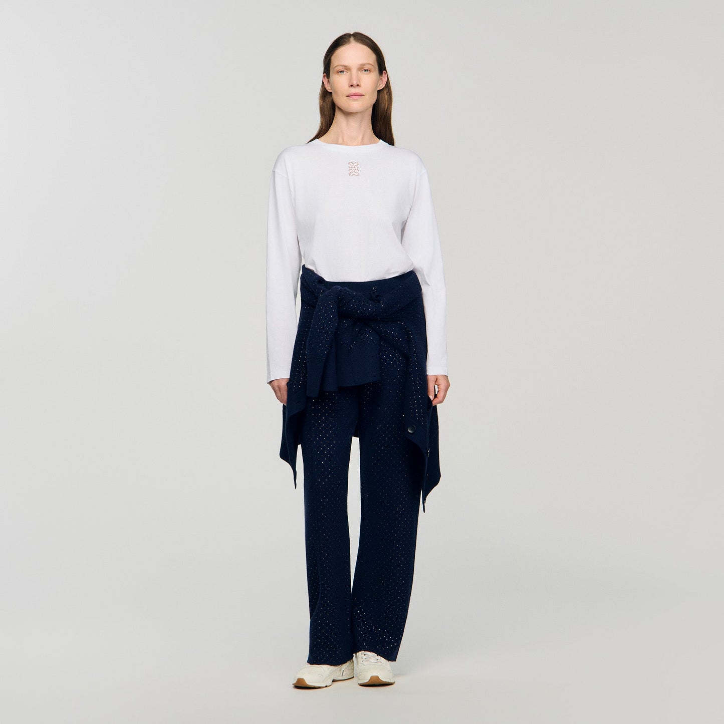 Vadim Knit Rhinestone-Covered Trousers Navy Blue