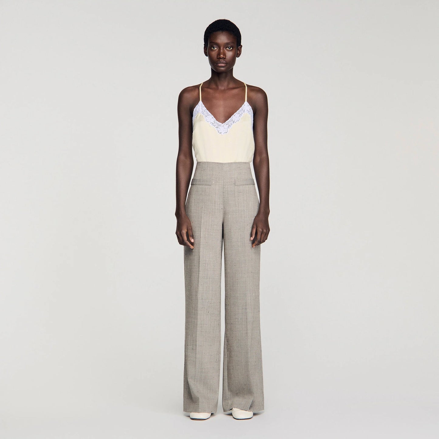 Leyo Wide-Leg Checked Wool Trousers Greige