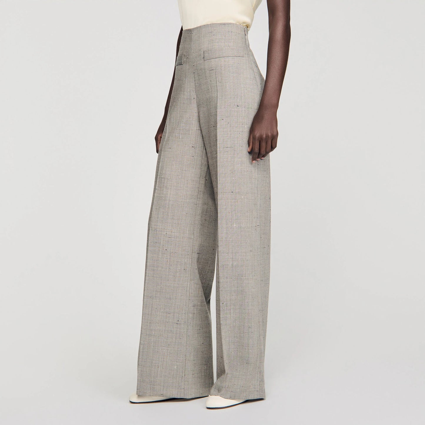 Leyo Wide-Leg Checked Wool Trousers Greige