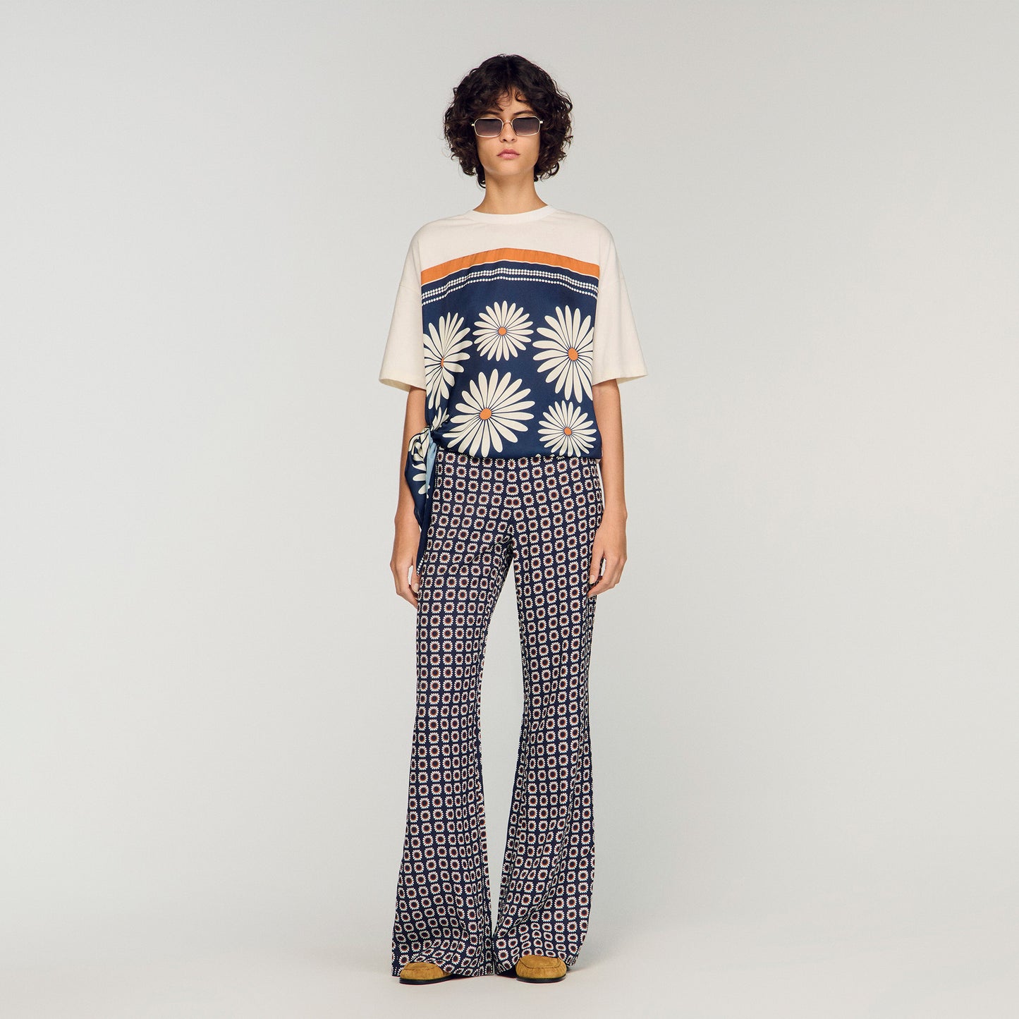 Floral Print Floaty Trousers Deep Blue Ocher