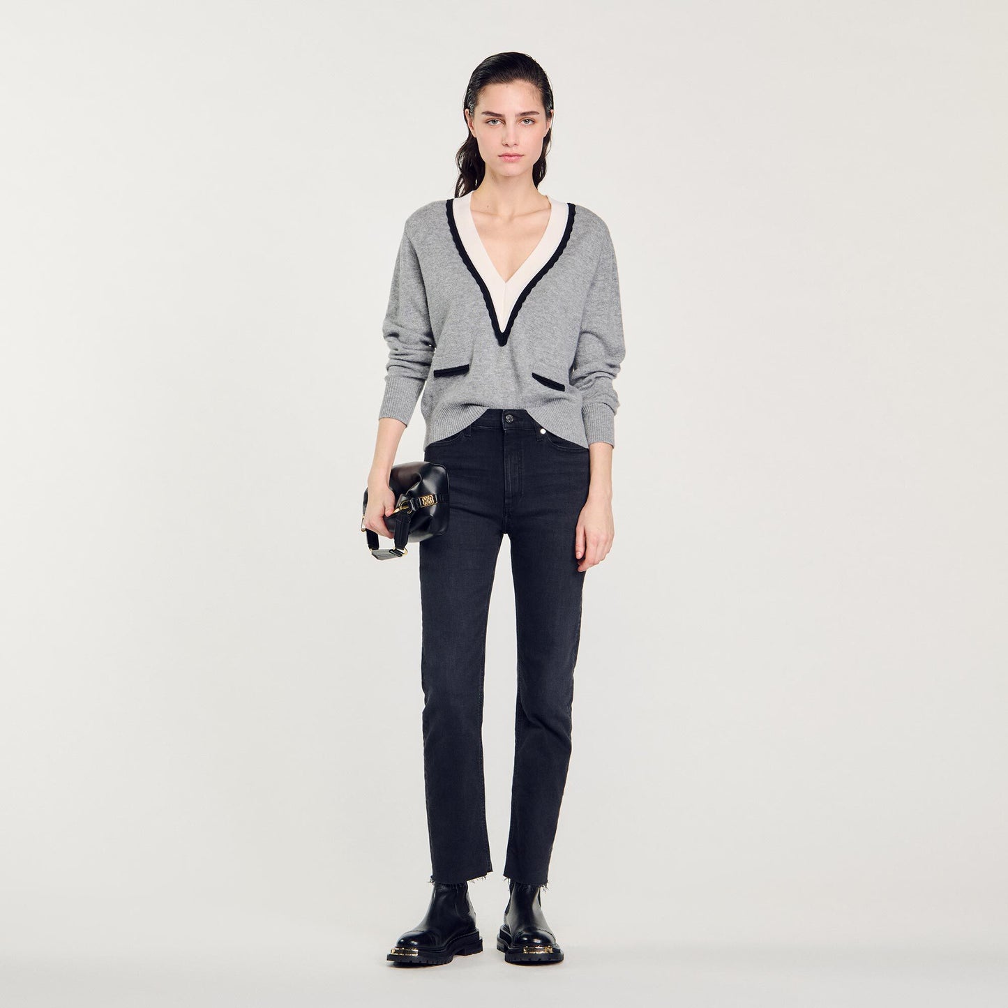 Sweater With Contrasting Deep V-Neck White