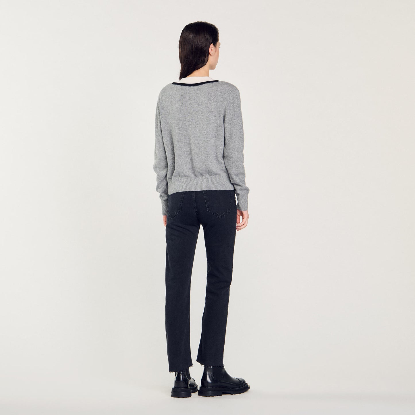Sweater With Contrasting Deep V-Neck White