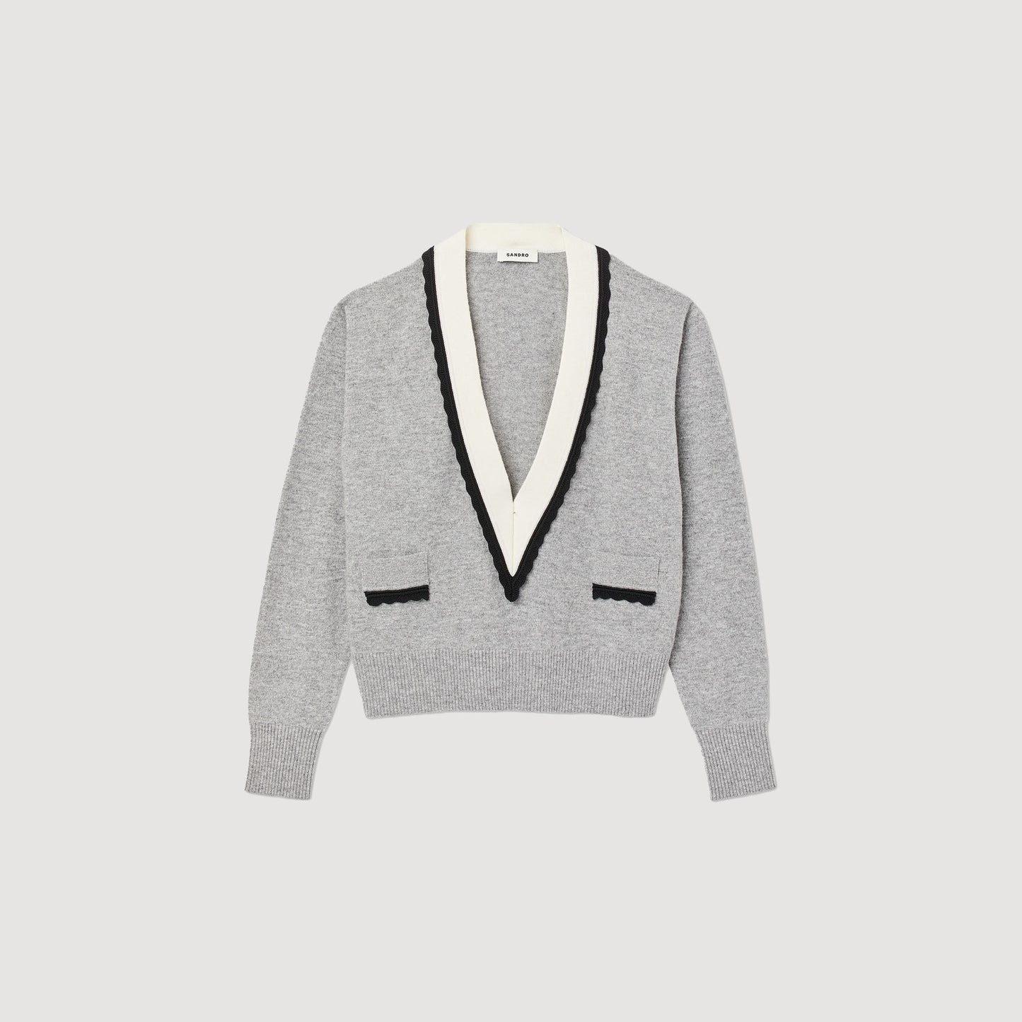 Sweater With Contrasting Deep V-Neck White
