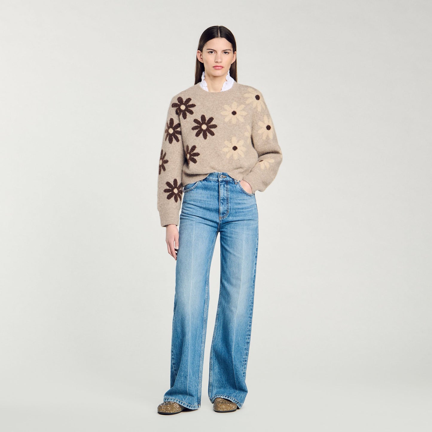 Floral Knit Sweater Beige