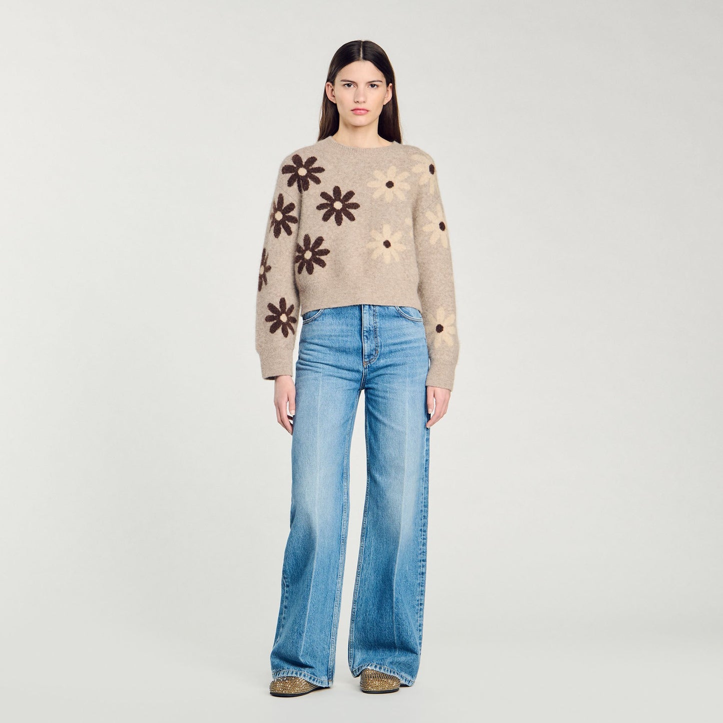 Floral Knit Sweater Beige