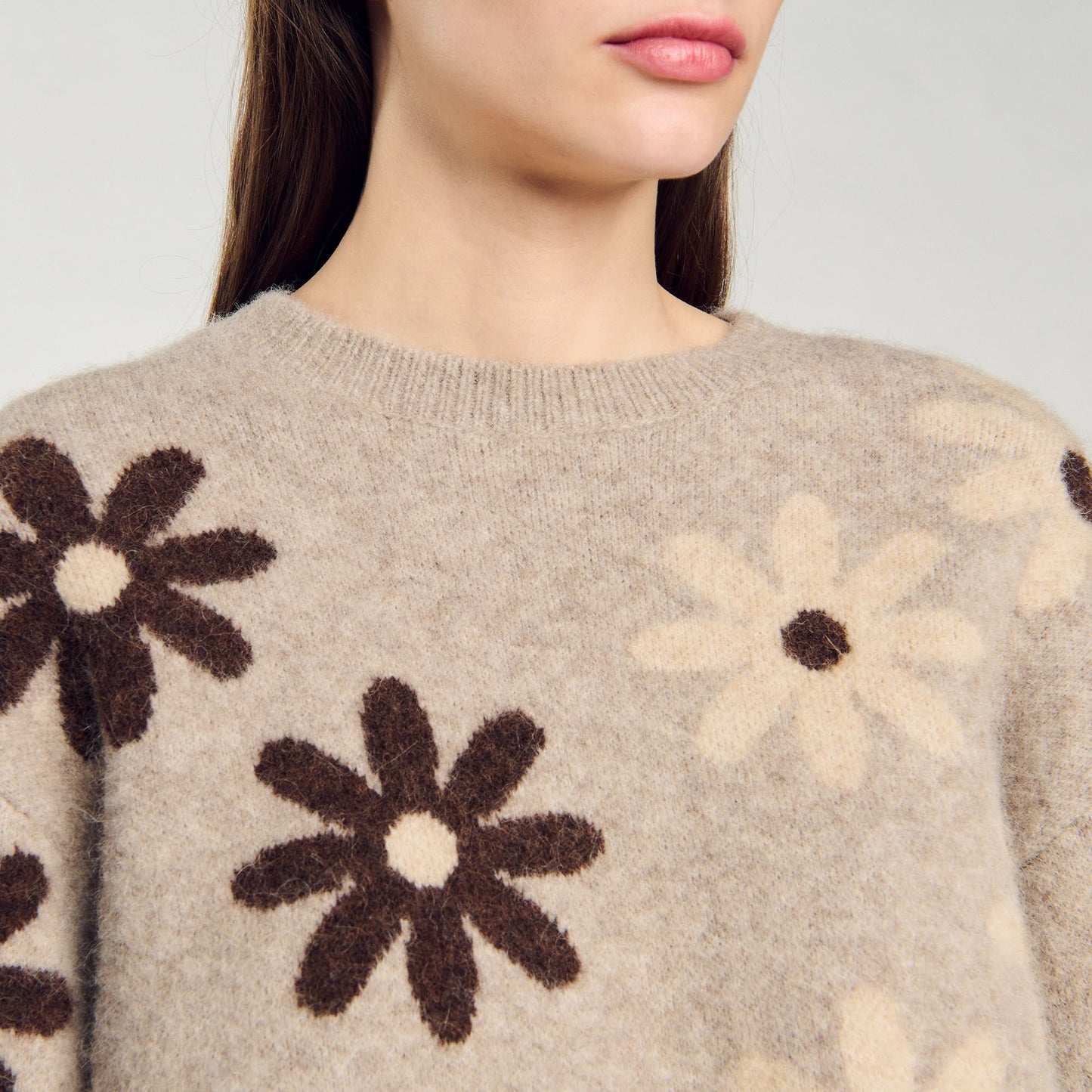 Floral Knit Sweater Beige