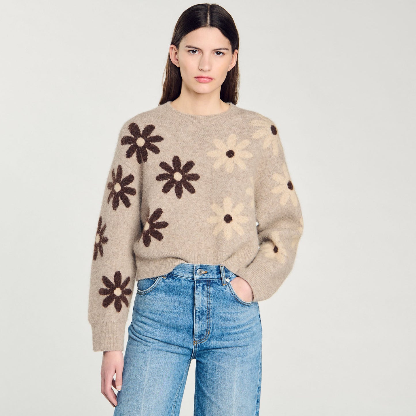 Floral Knit Sweater Beige