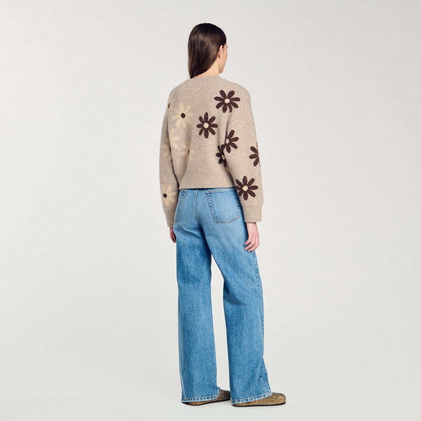 Floral Knit Sweater Beige