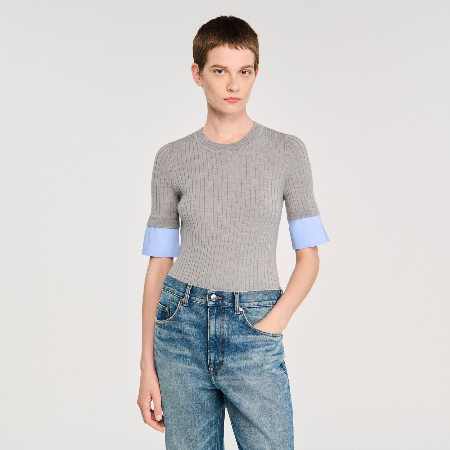 Valence Jumper With Contrast Short Sleeves Grey