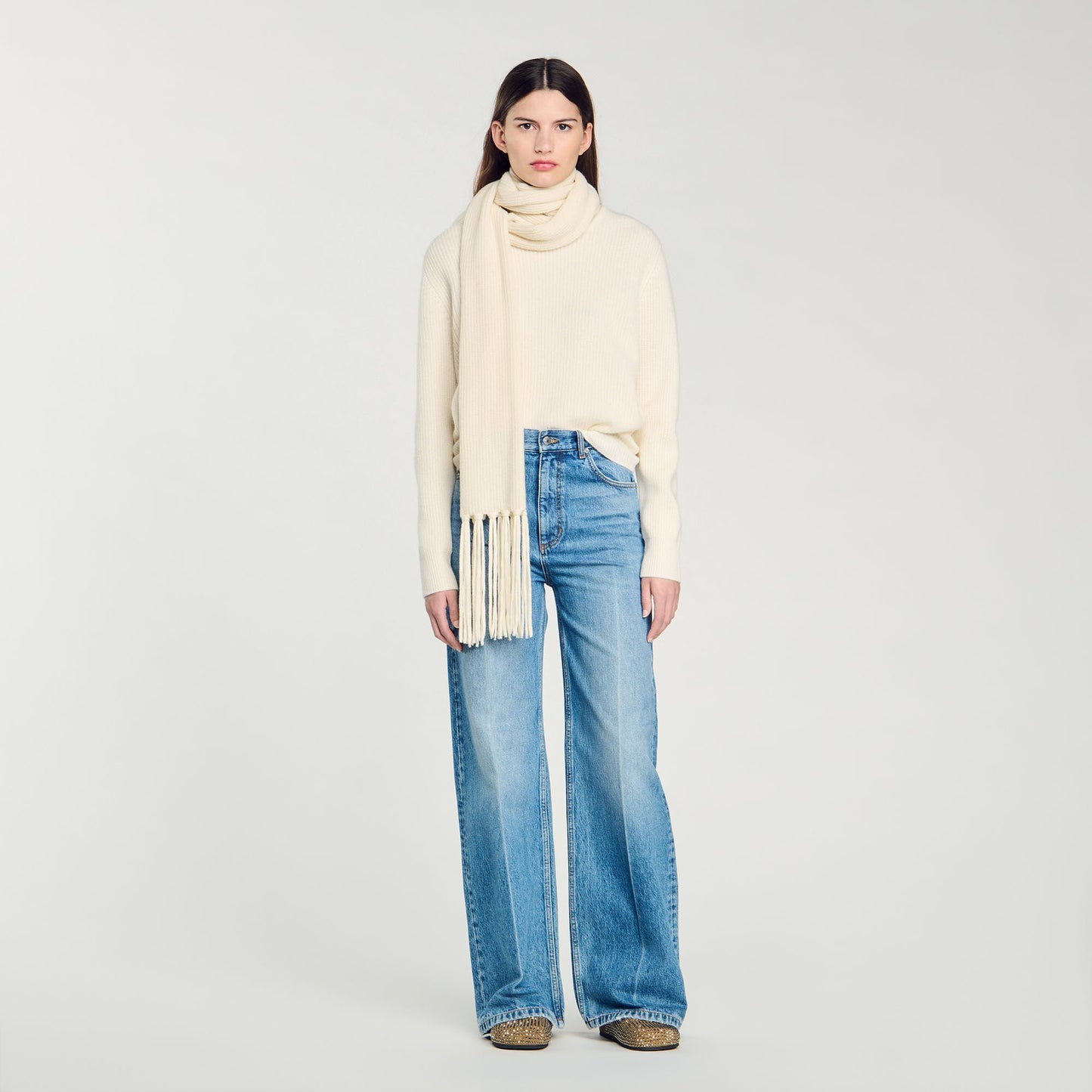 Knitted Jumper With Scarf Collar Ecru