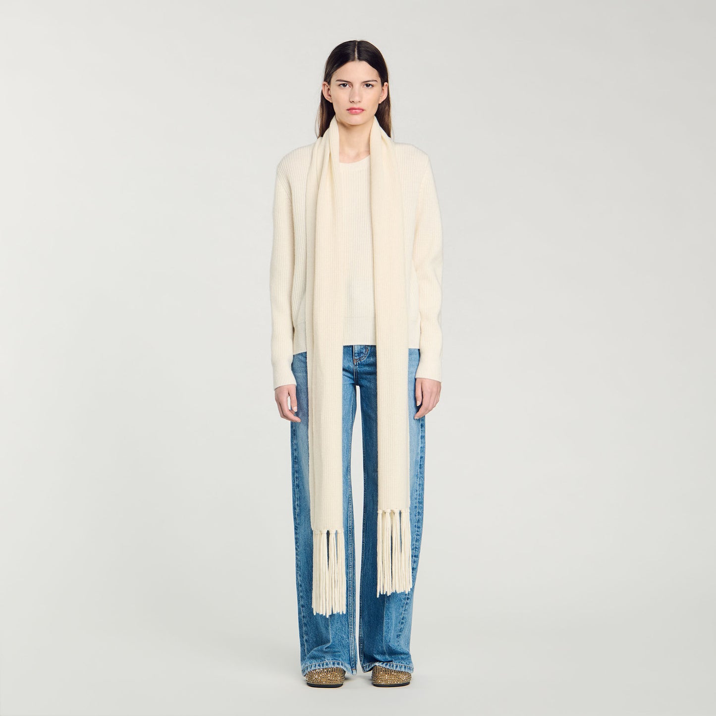 Knitted Jumper With Scarf Collar Ecru
