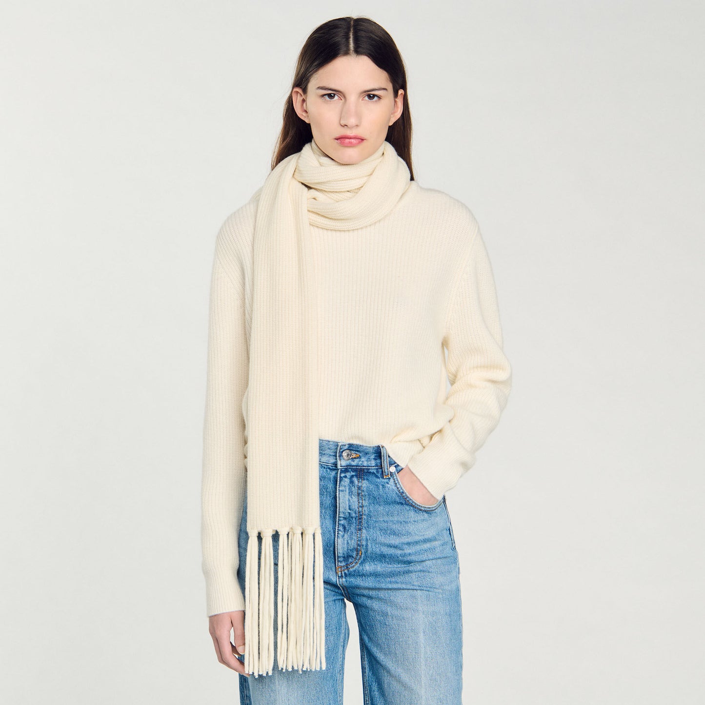 Knitted Jumper With Scarf Collar Ecru