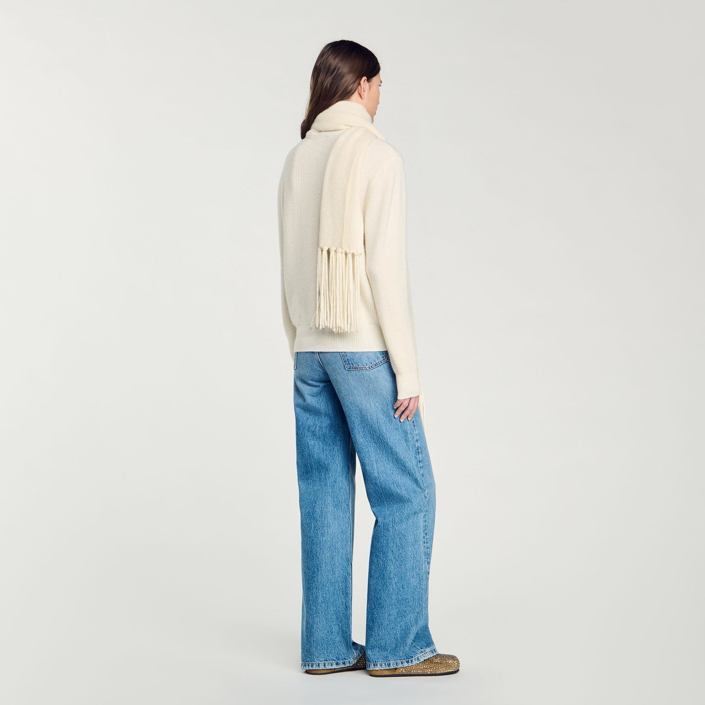 Knitted Jumper With Scarf Collar Ecru