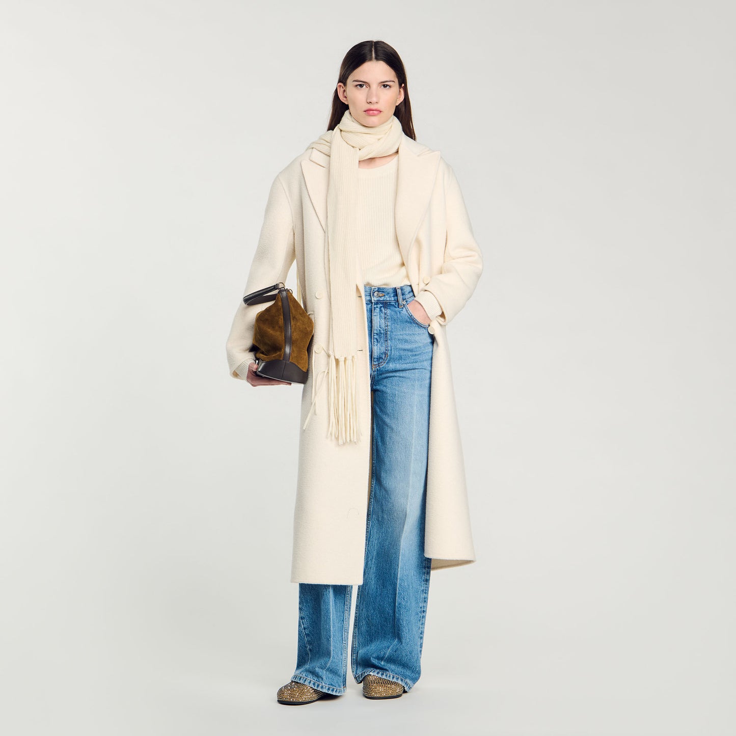 Knitted Jumper With Scarf Collar Ecru