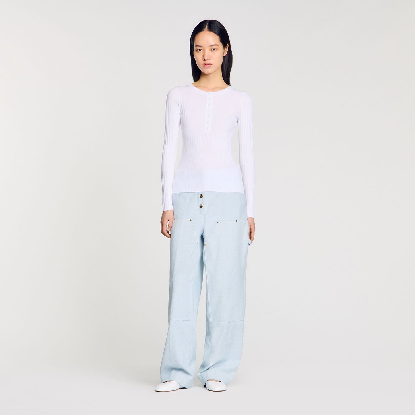 Ribbed Jumper With Tunisian Collar White