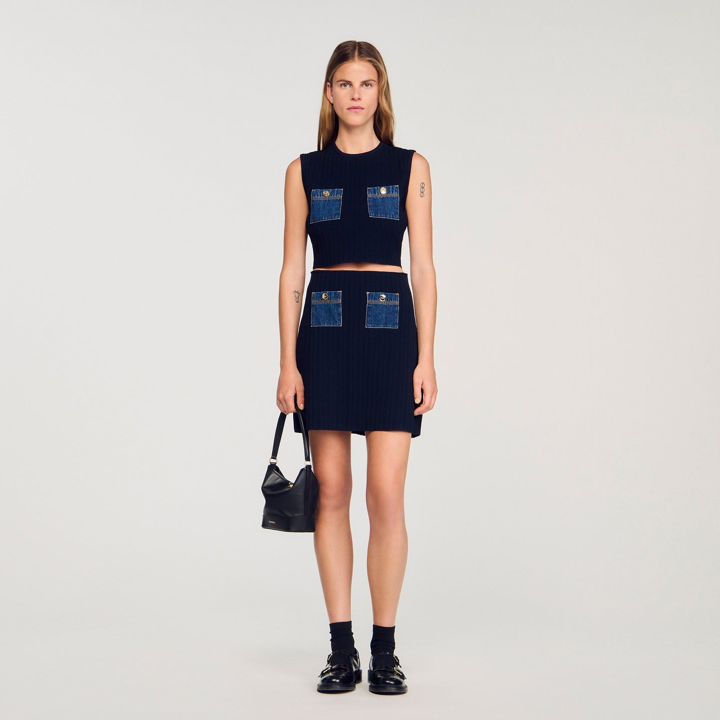 Isolde Knit And Denim Top Navy Blue