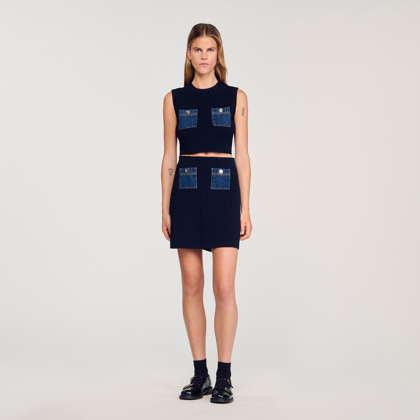Isolde Knit And Denim Top Navy Blue