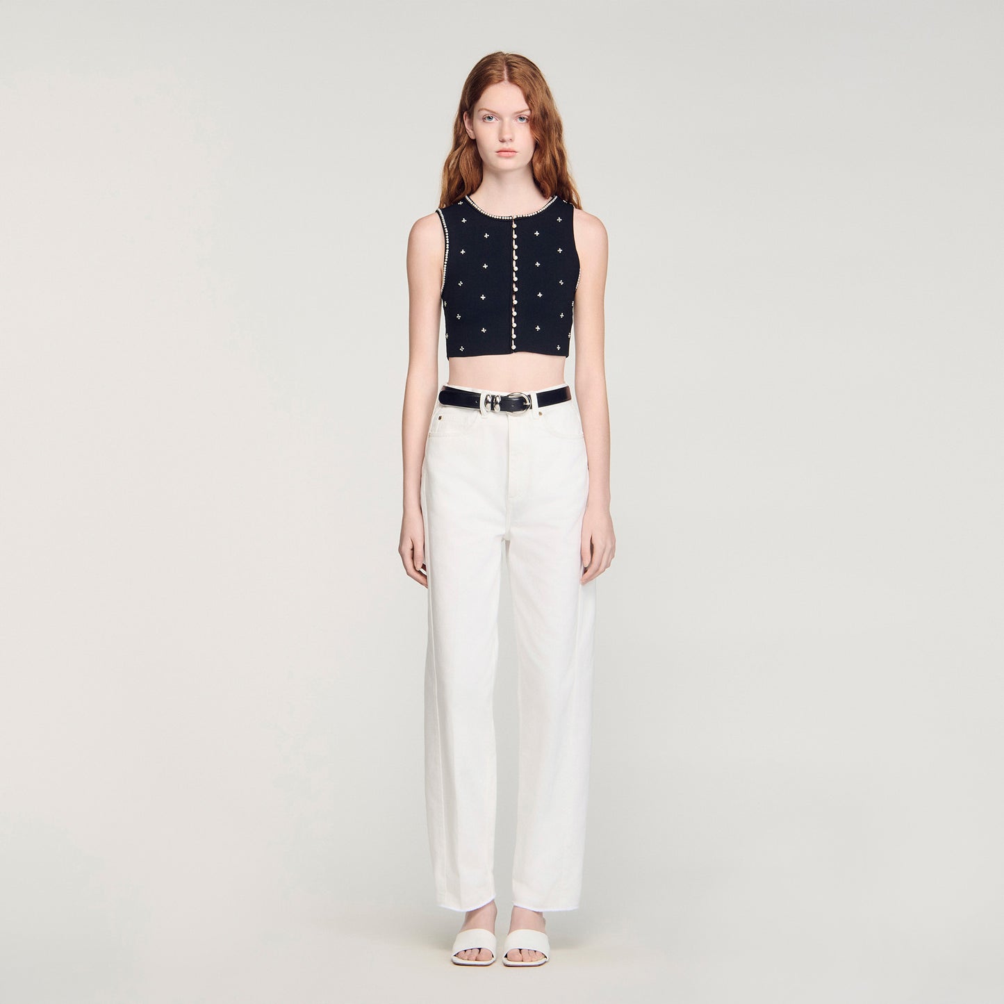 Lilia Jewelled Embroidered Knit Crop Top BLACK