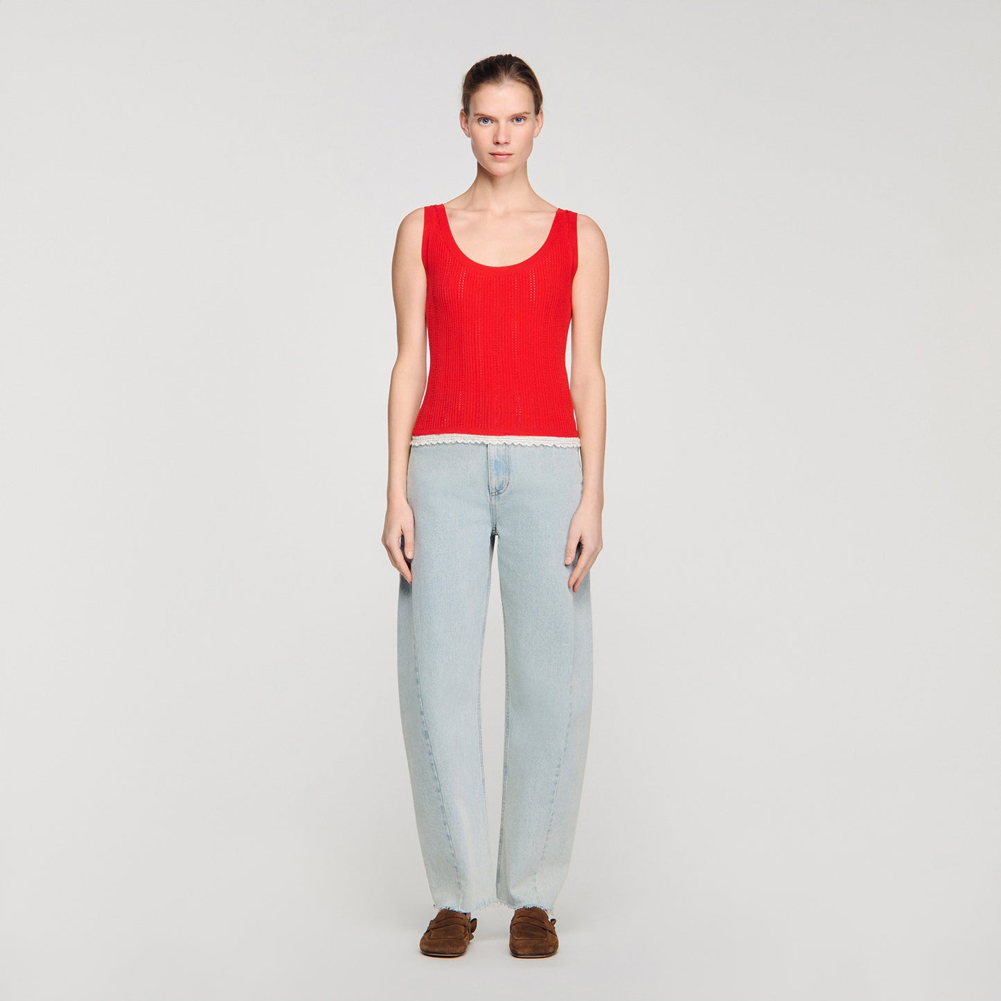 Filipo Knit And Lace Top RED