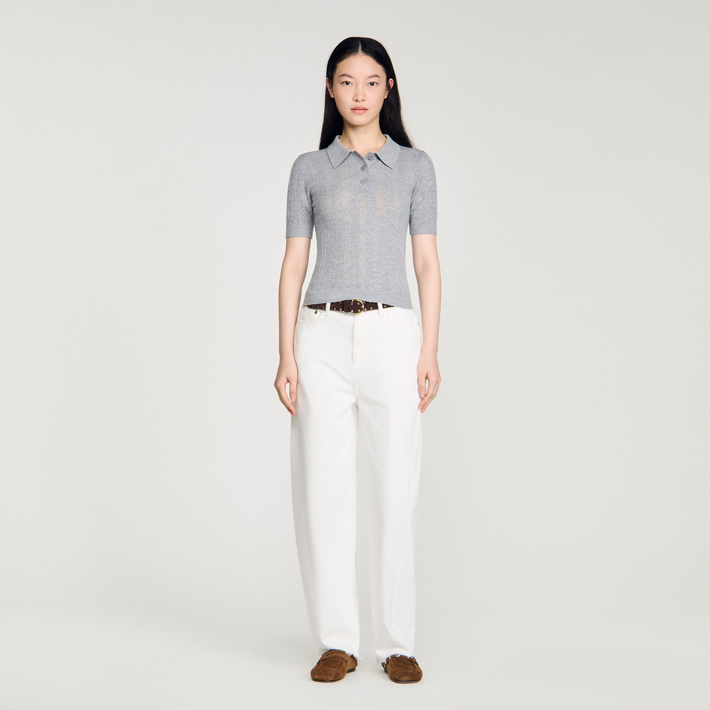 Lessio Pointelle Polo-Neck Wool Jumper Grey