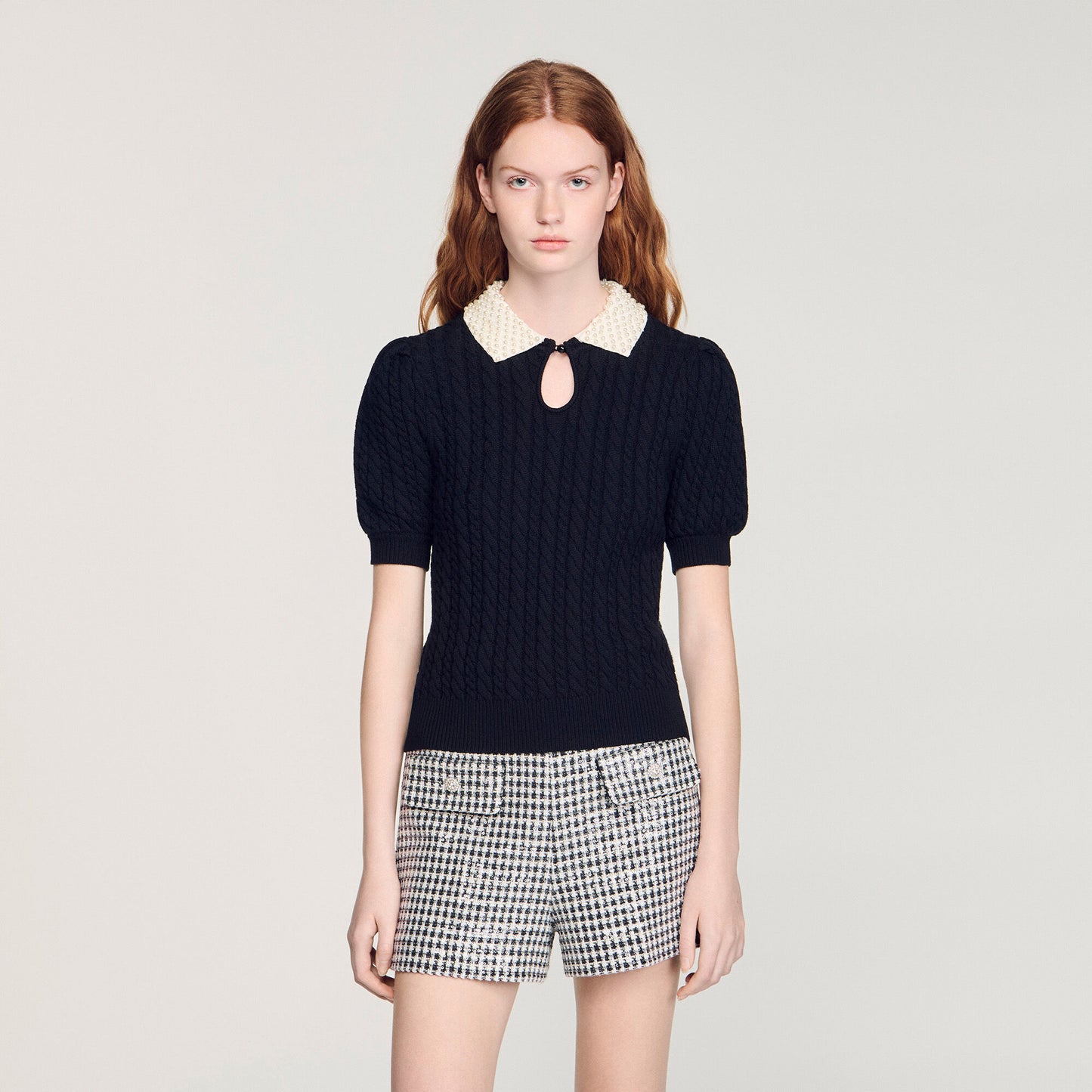 Madine Pearl Collar Cable Knit Jumper Black