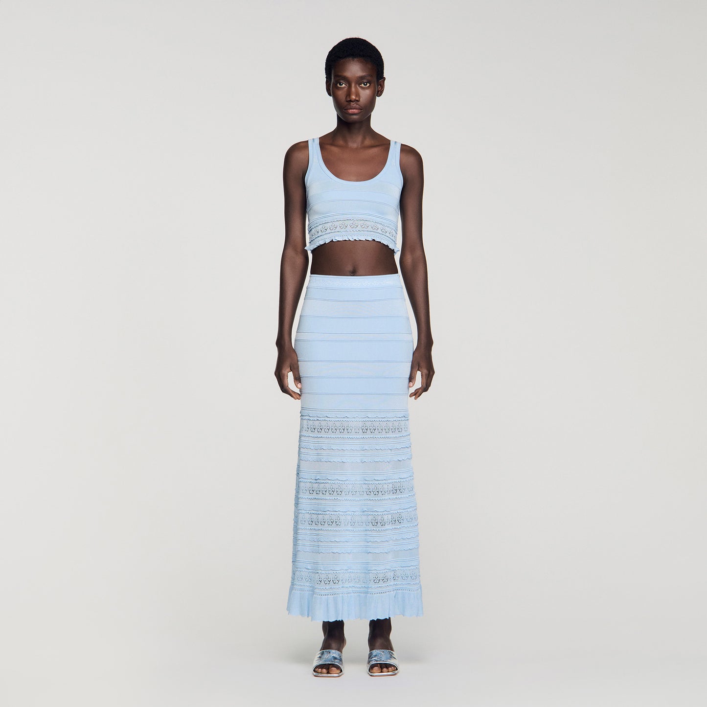 Andre Pointelle Knit Crop Top Sky Blue