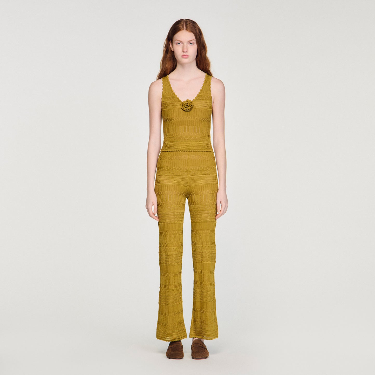 Milie Floral Pointelle Knit Jumper Olive