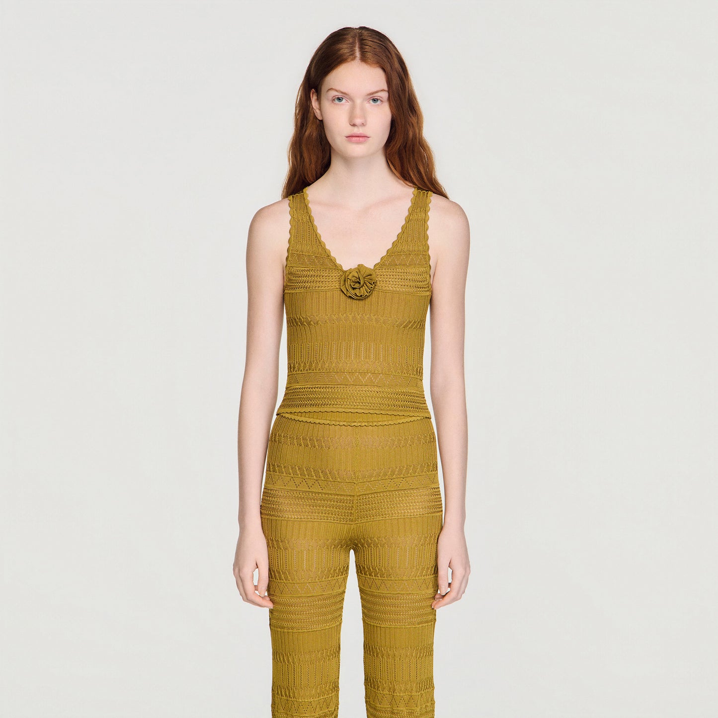 Milie Floral Pointelle Knit Jumper Olive