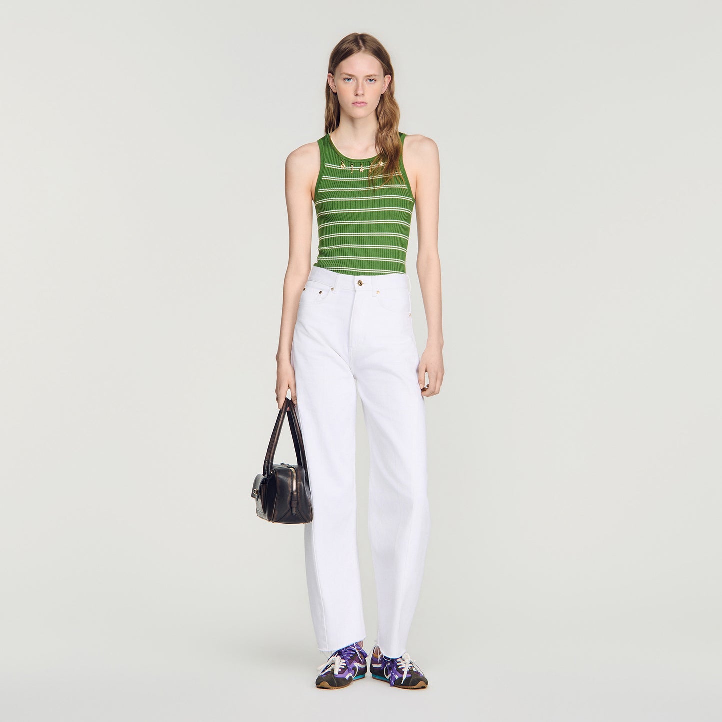 Ona Striped vest top with tassels Green / Ecru